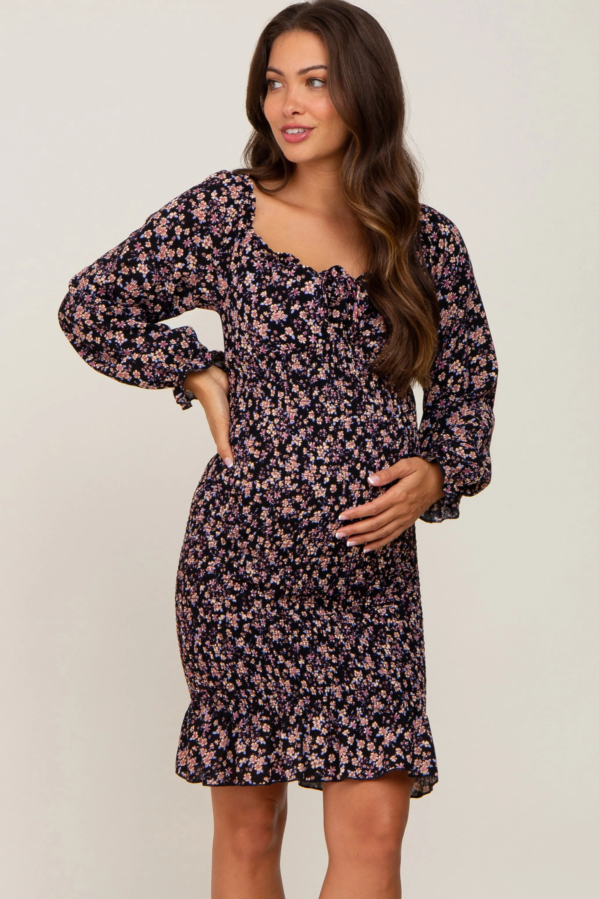 Black Floral Print Long Sleeve Smocked Maternity Dress sold by Pinkblush