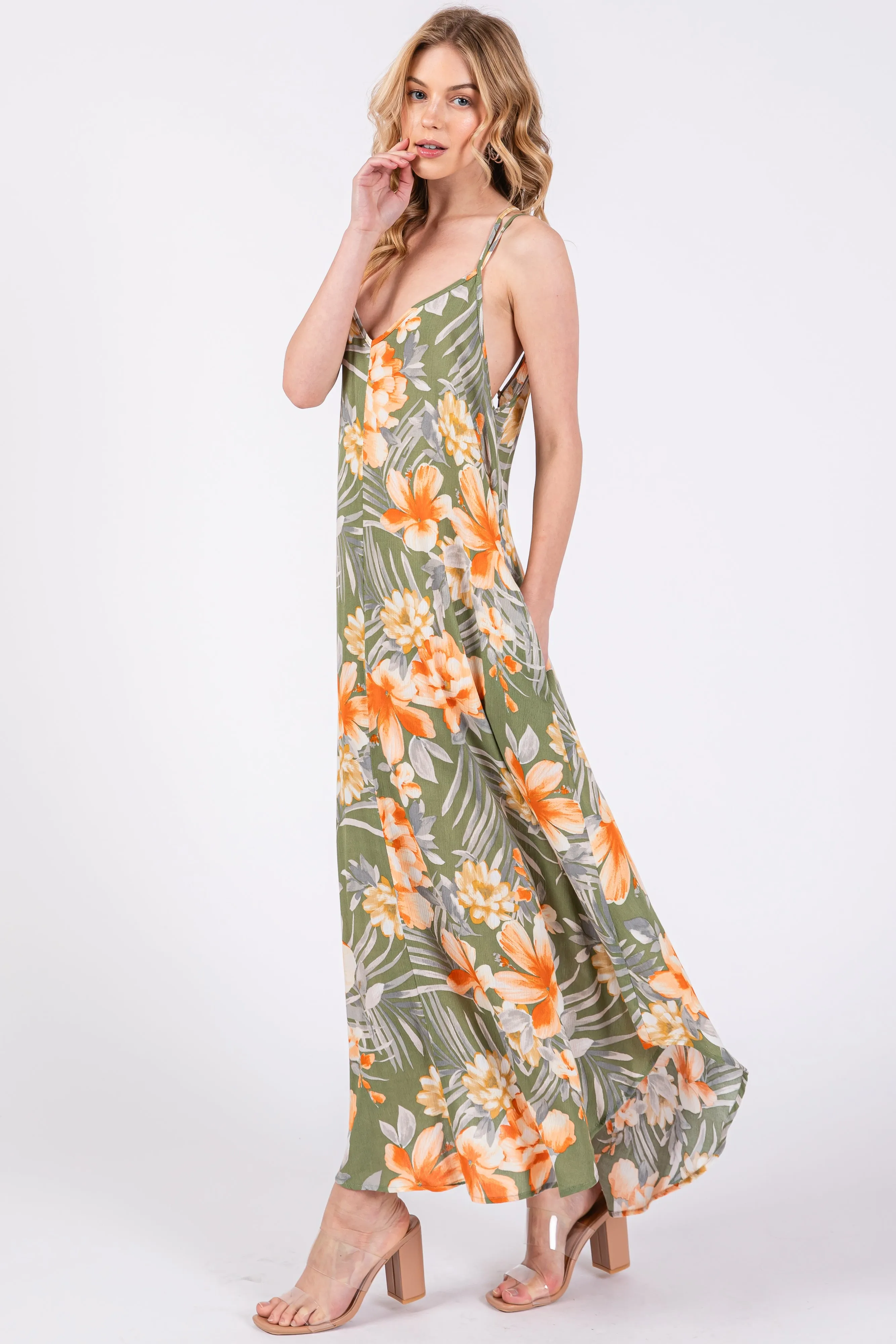 Light Olive Floral Cross Back Midi Dress sold by Pinkblush product image thumbnail 2