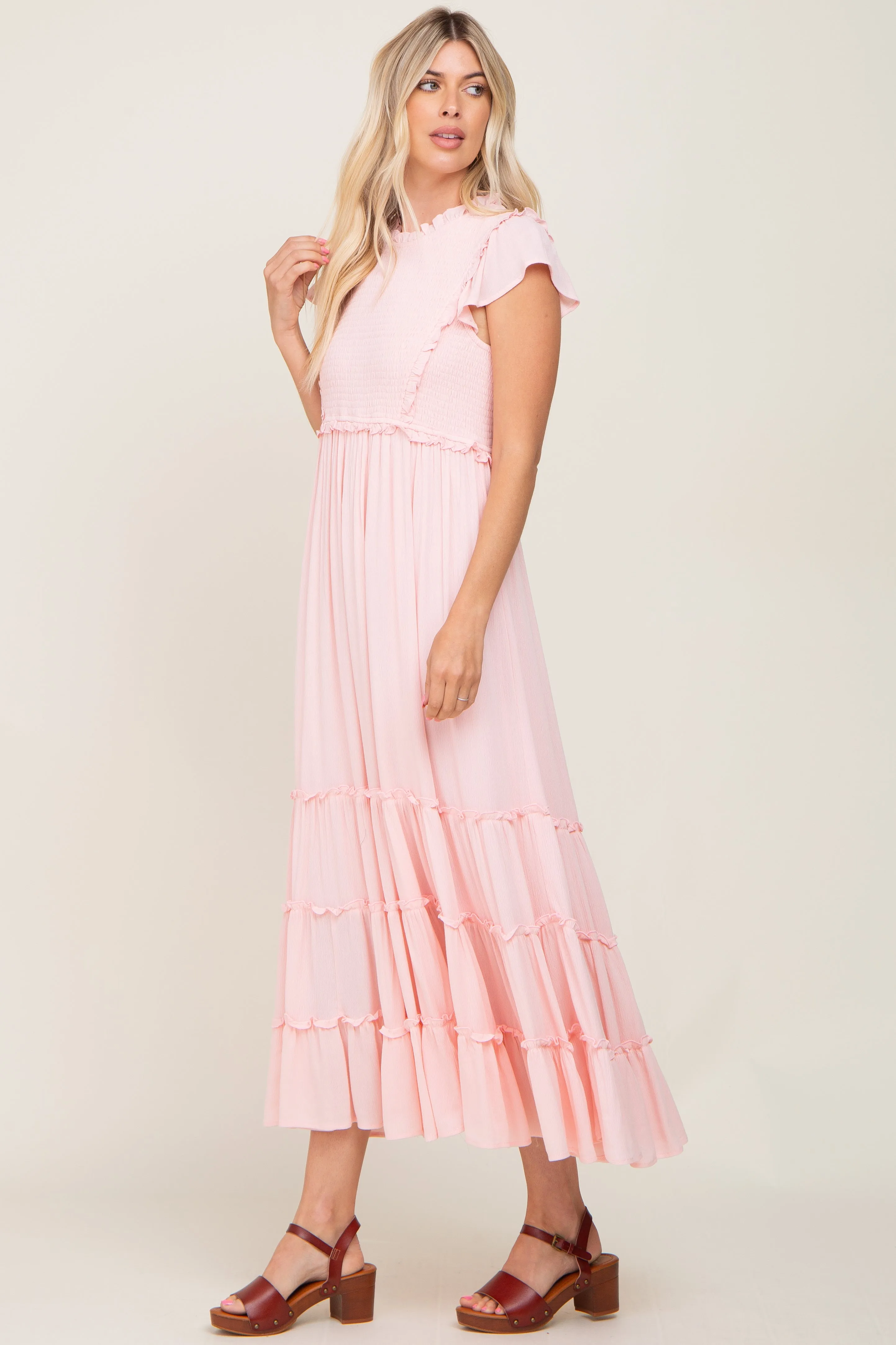 Light Pink Smocked Ruffle Accent Tiered Maxi Dress sold by Pinkblush product image thumbnail 2