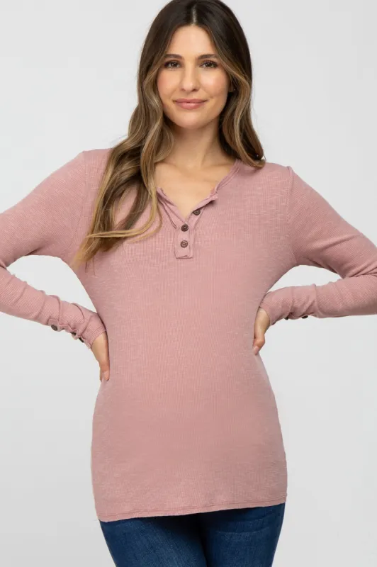 Dusty Pink Henley Long Sleeve Maternity Top sold by Pinkblush