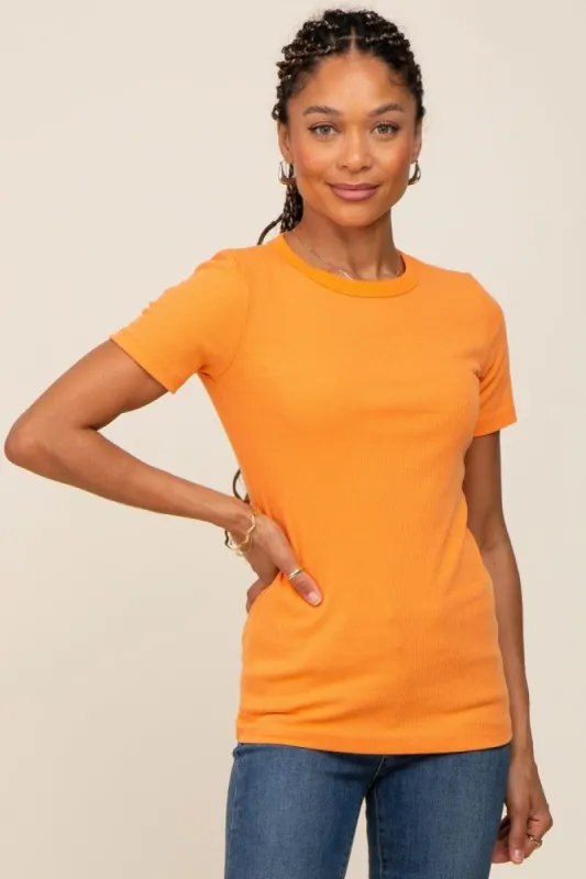 Orange Ribbed Short Sleeve Top sold by Pinkblush