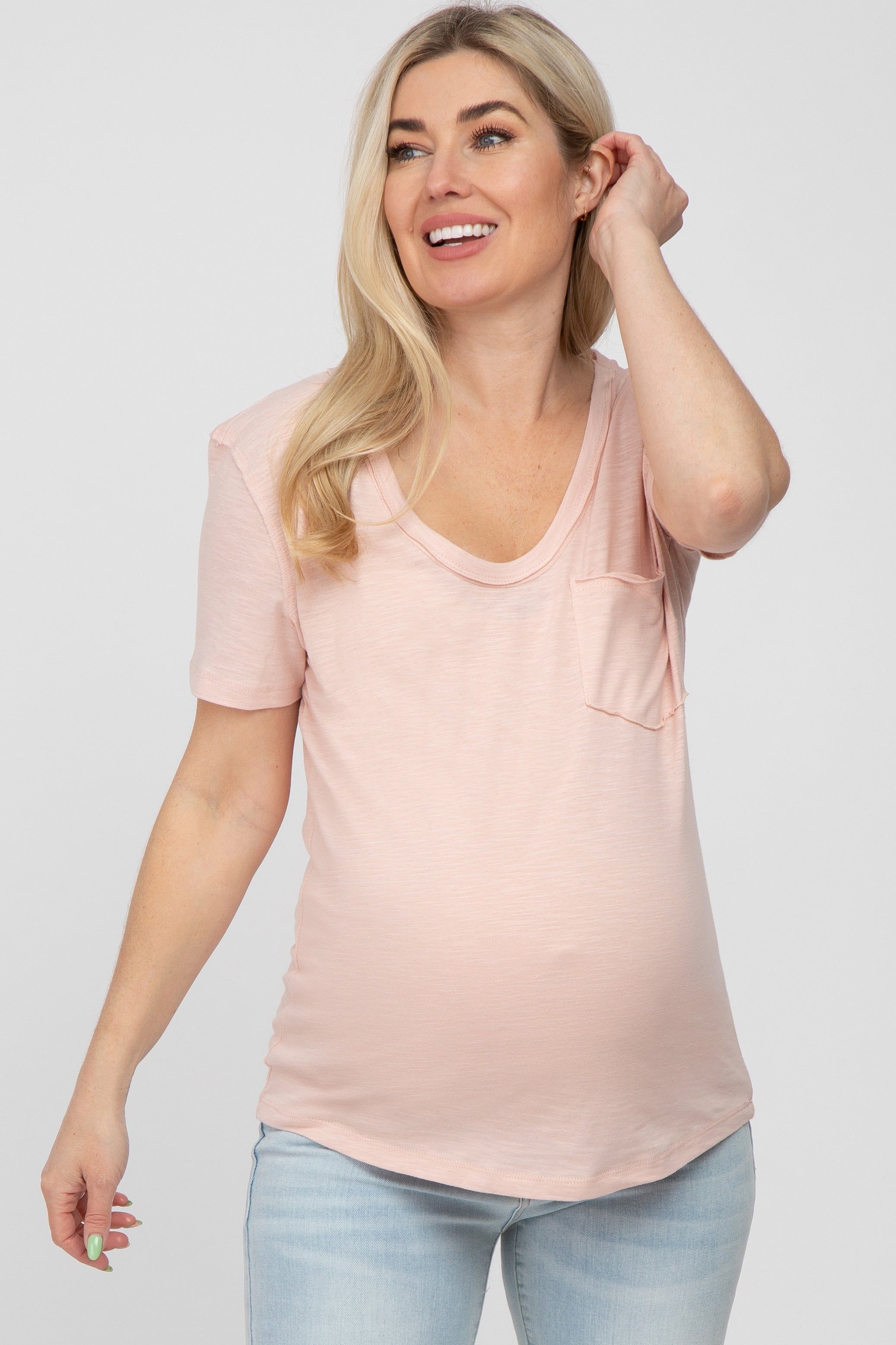 Light Peach Heathered Pocket Front Maternity Top sold by Pinkblush