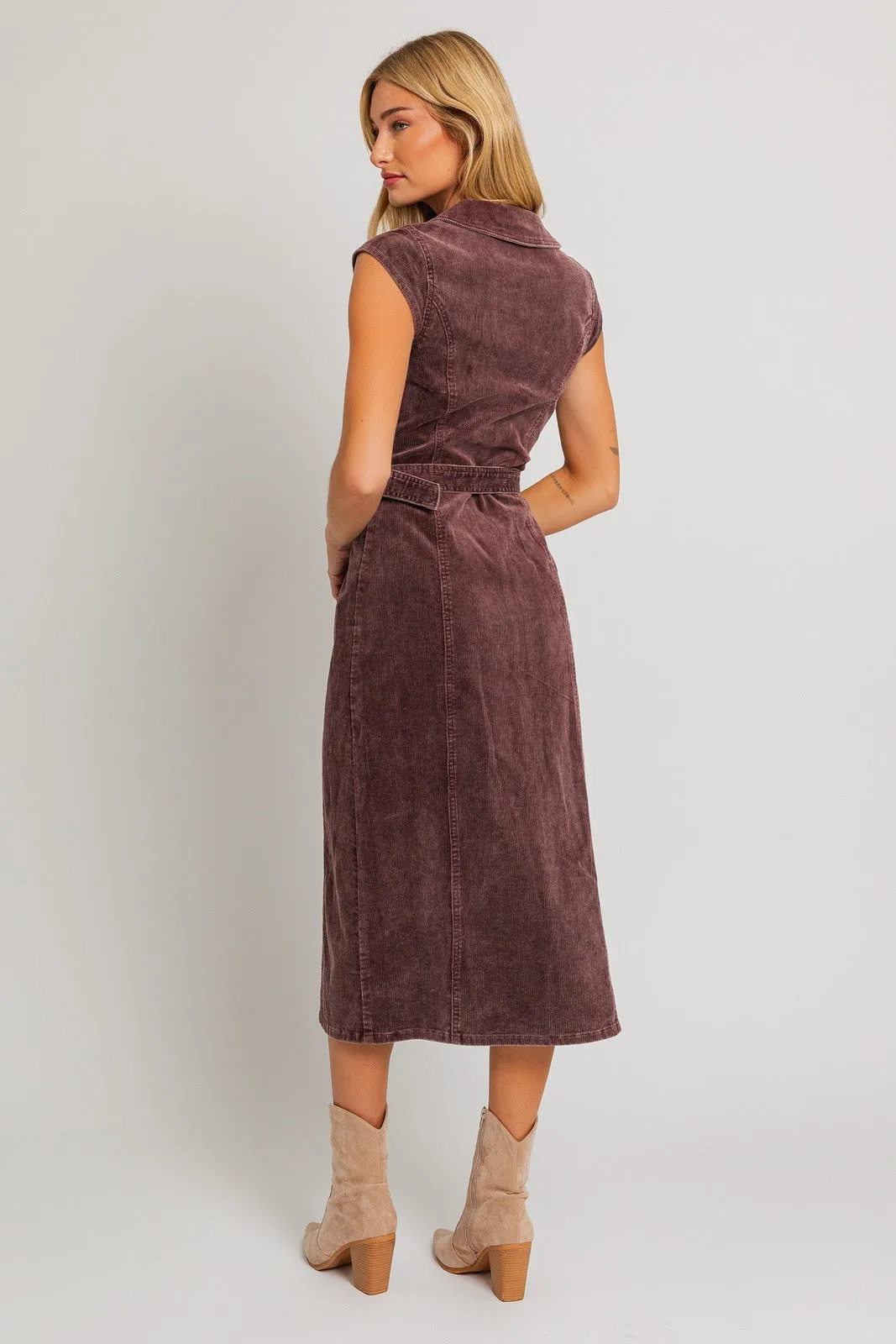 Plum Cap Sleeve Corduroy Washed Midi Dress sold by Pinkblush product image thumbnail 3
