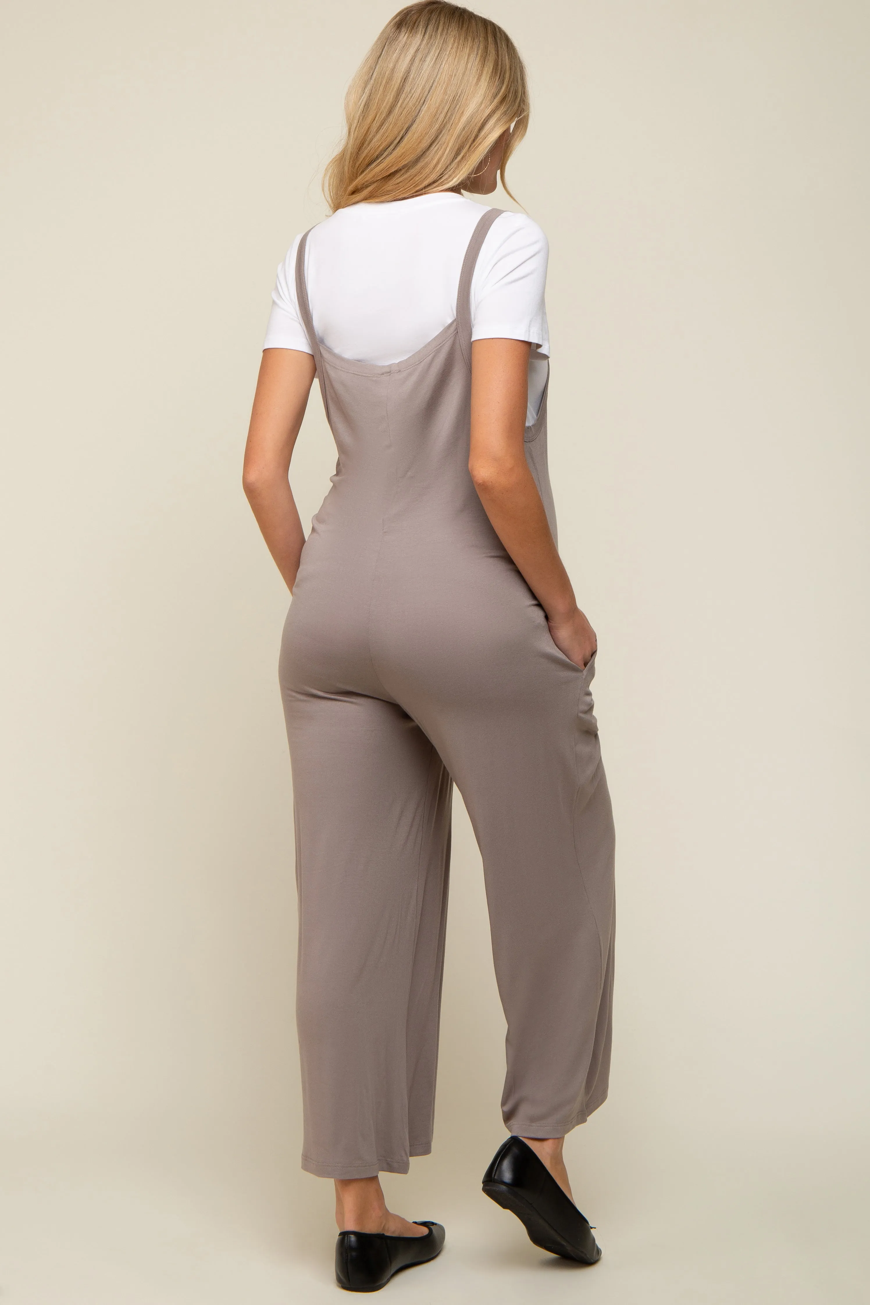 Taupe Sleeveless Pocketed Wide Leg Maternity Jumpsuit sold by Pinkblush product image thumbnail 3