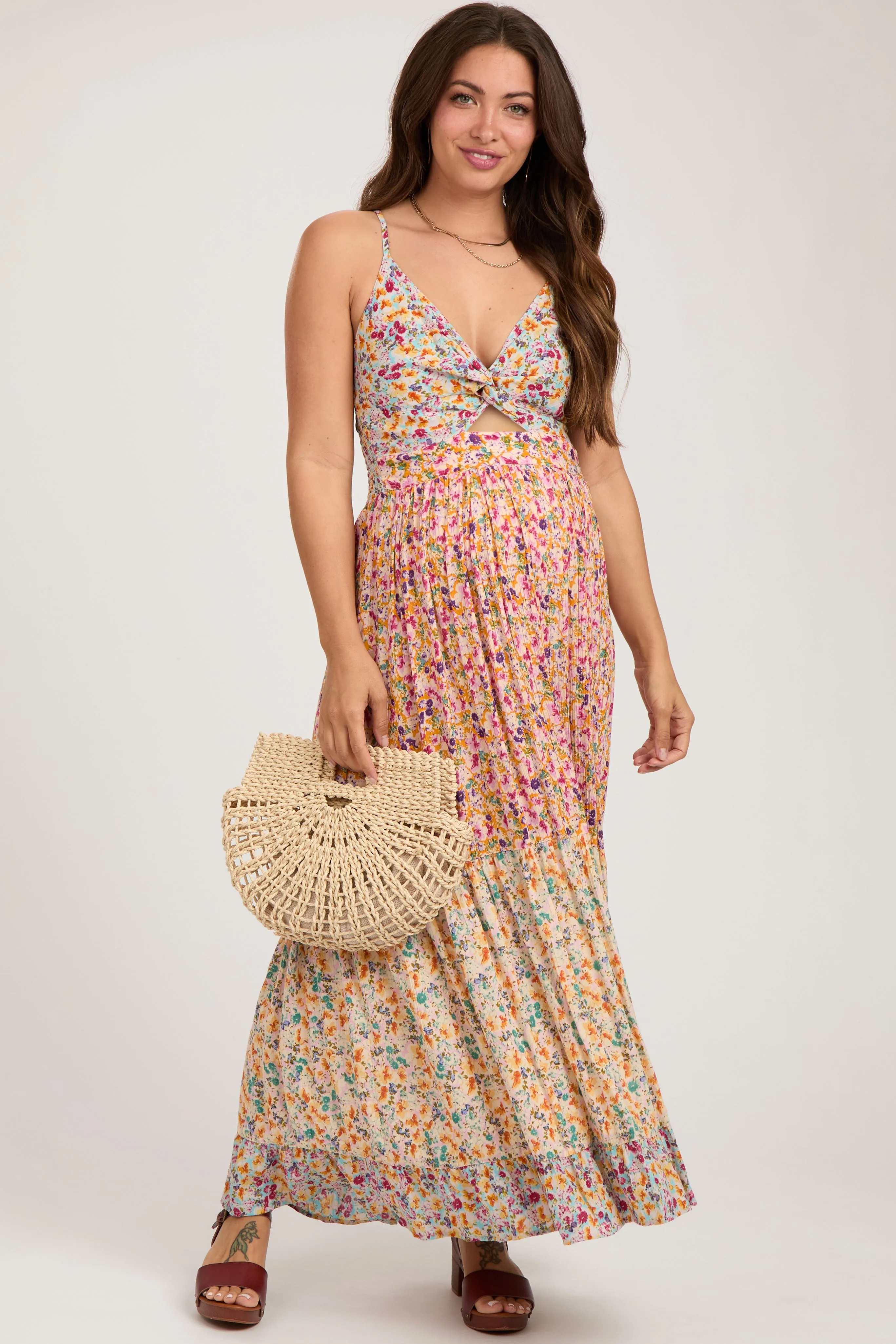 Multi-colored V-Neck Front Twist Maternity Maxi Dress sold by Pinkblush