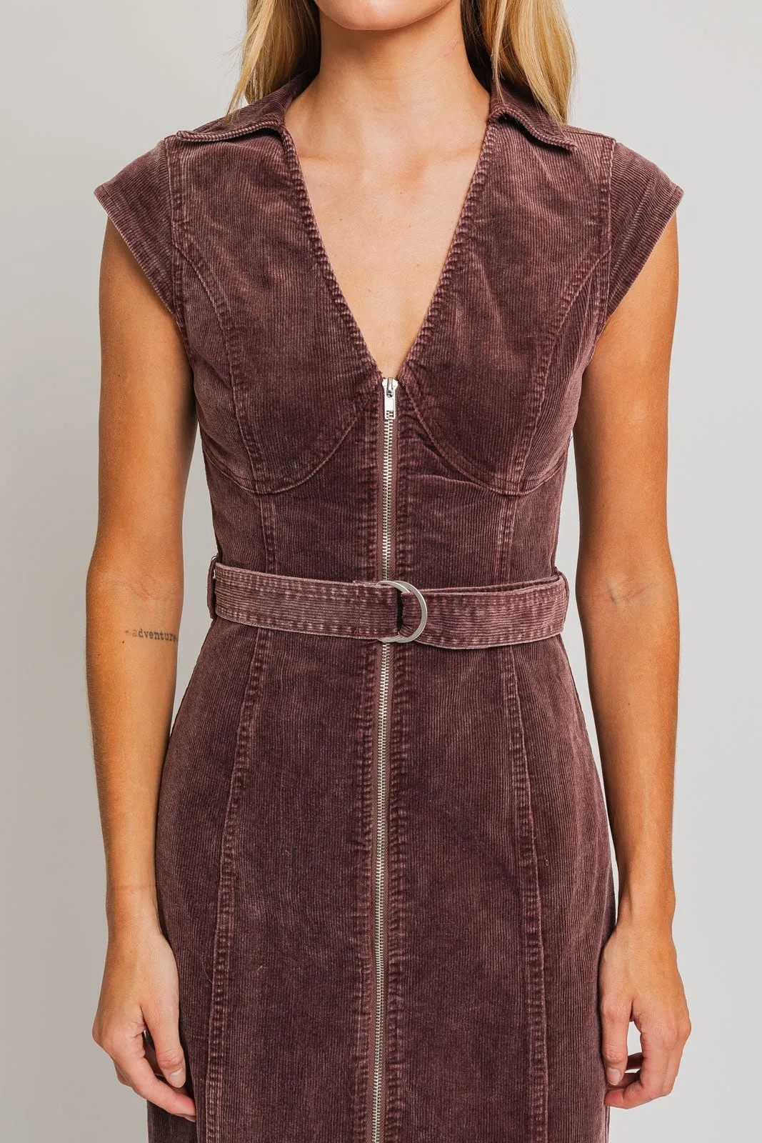 Plum Cap Sleeve Corduroy Washed Midi Dress sold by Pinkblush product image thumbnail 4
