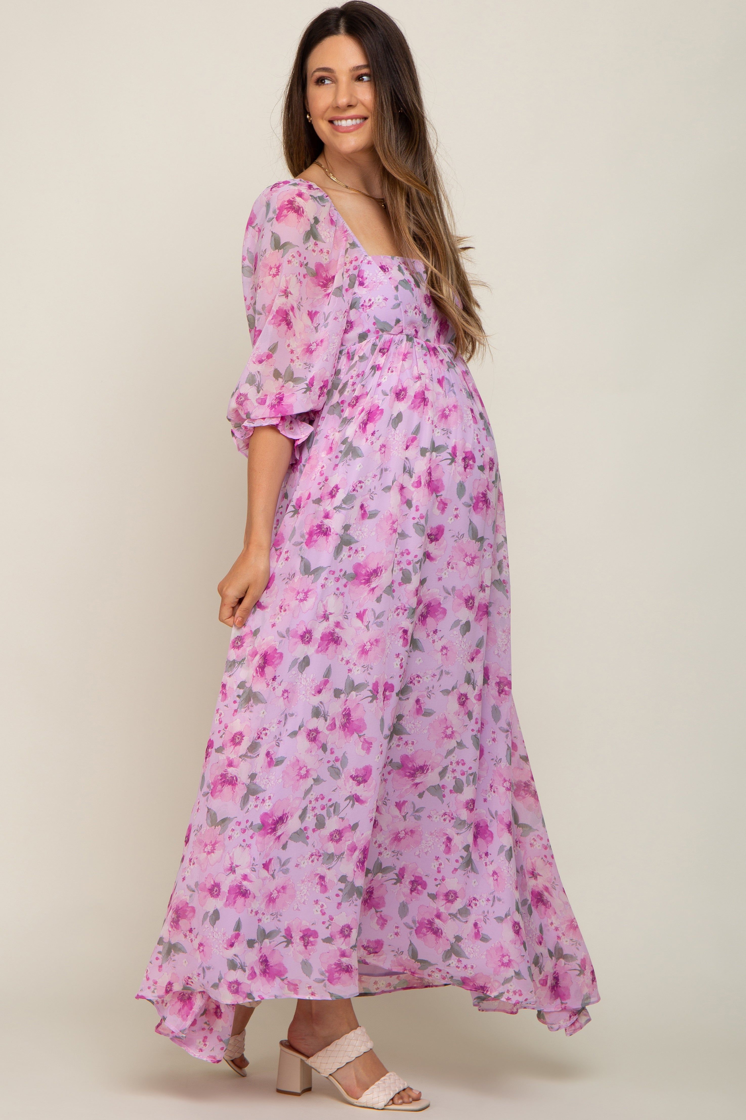 Lavender Floral Chiffon Puff Sleeve Maternity Maxi Dress sold by Pinkblush product image thumbnail 2