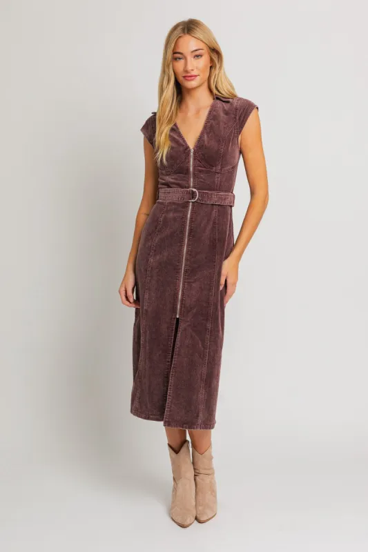 Plum Cap Sleeve Corduroy Washed Midi Dress made by Pinkblush