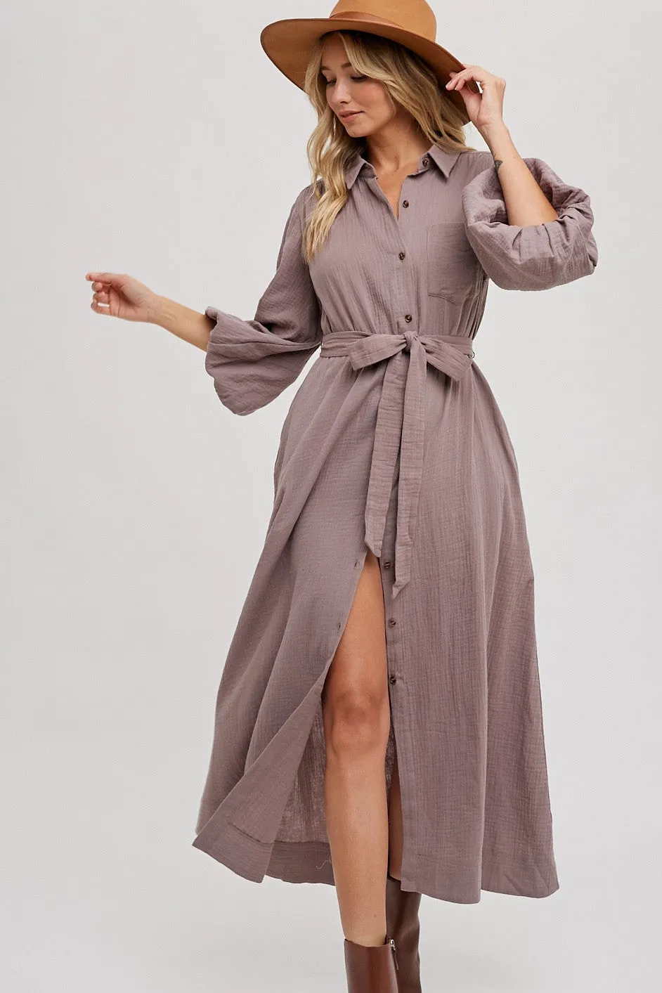 Mocha Gauze Belted Shirt Midi Dress sold by Pinkblush product image thumbnail 3