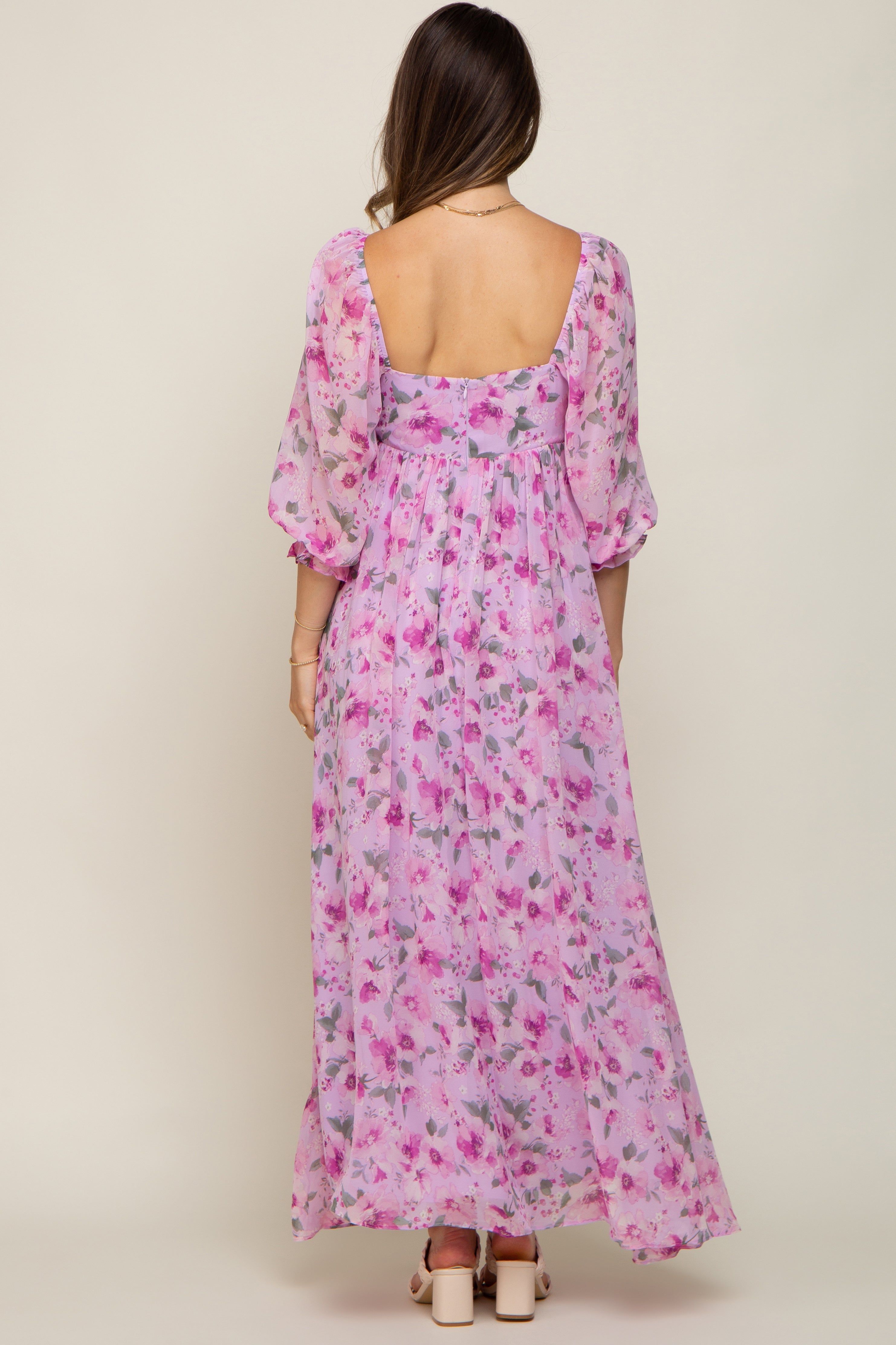 Lavender Floral Chiffon Puff Sleeve Maternity Maxi Dress sold by Pinkblush product image thumbnail 3