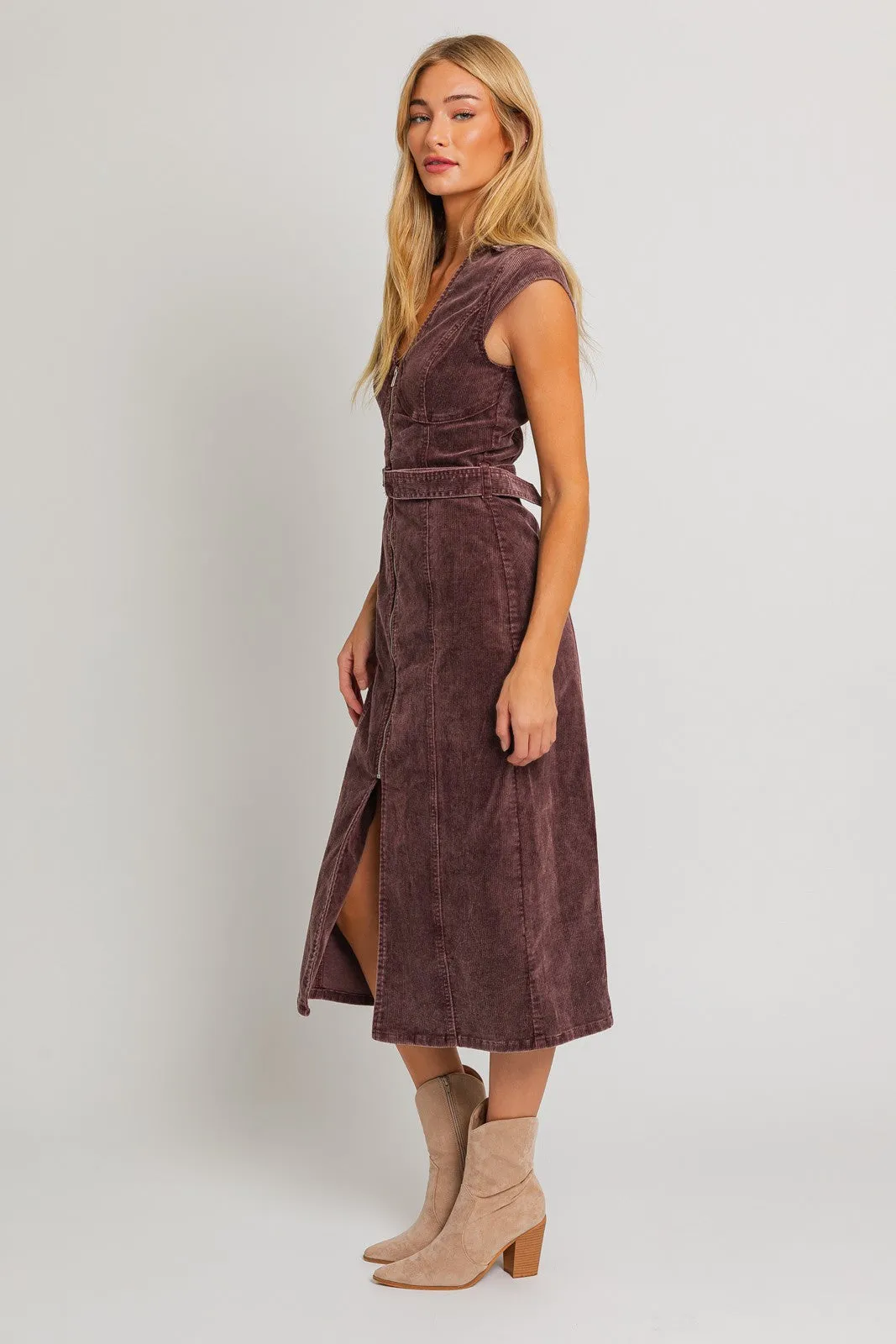 Plum Cap Sleeve Corduroy Washed Midi Dress sold by Pinkblush product image thumbnail 2