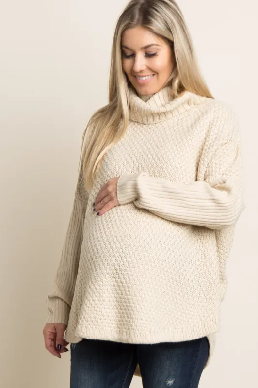 Beige Cowl Neck Knit Maternity Sweater sold by Pinkblush