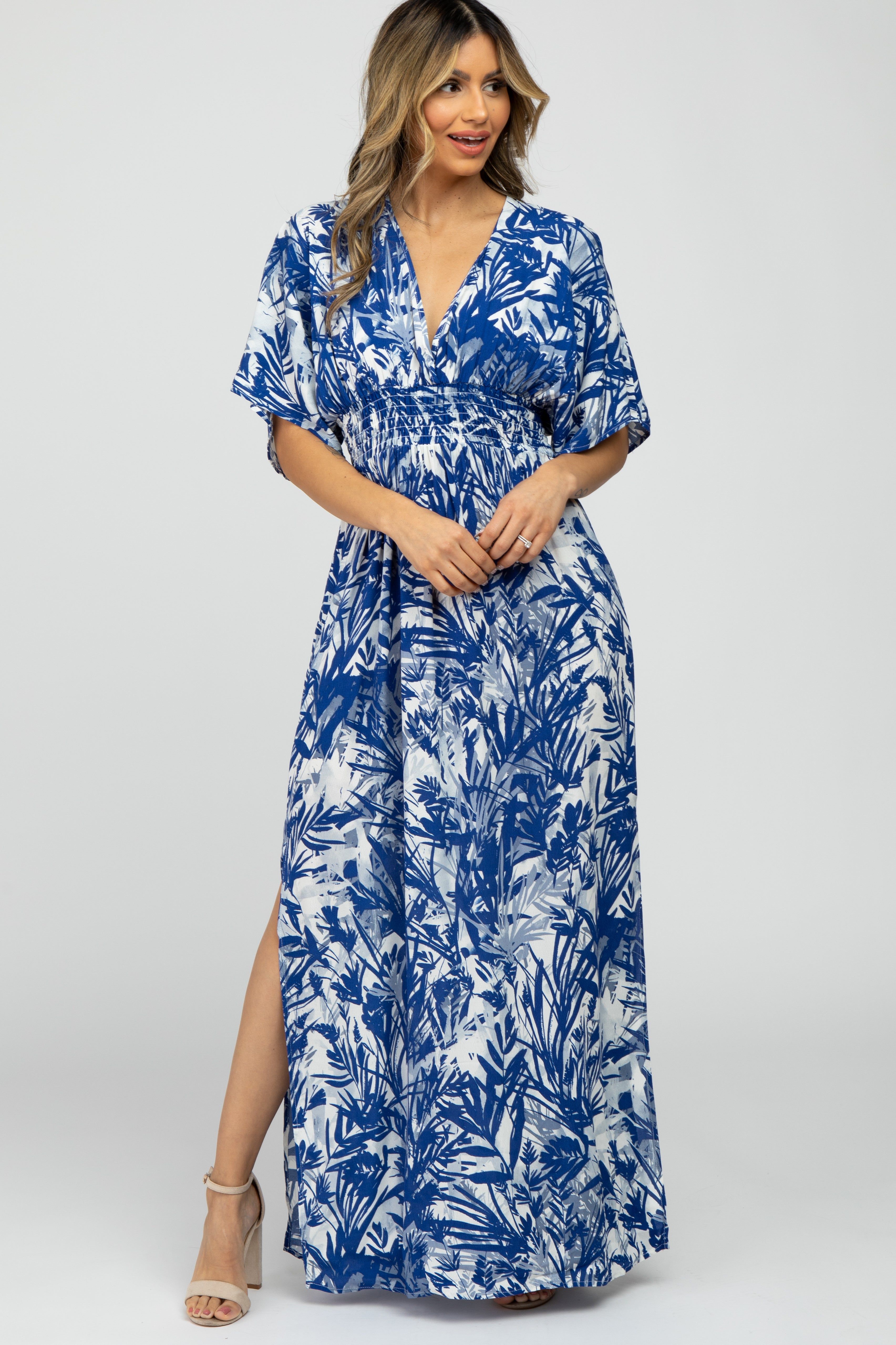 Navy Blue Leaf Print V-Neck Maternity Maxi Dress sold by Pinkblush product image thumbnail 5