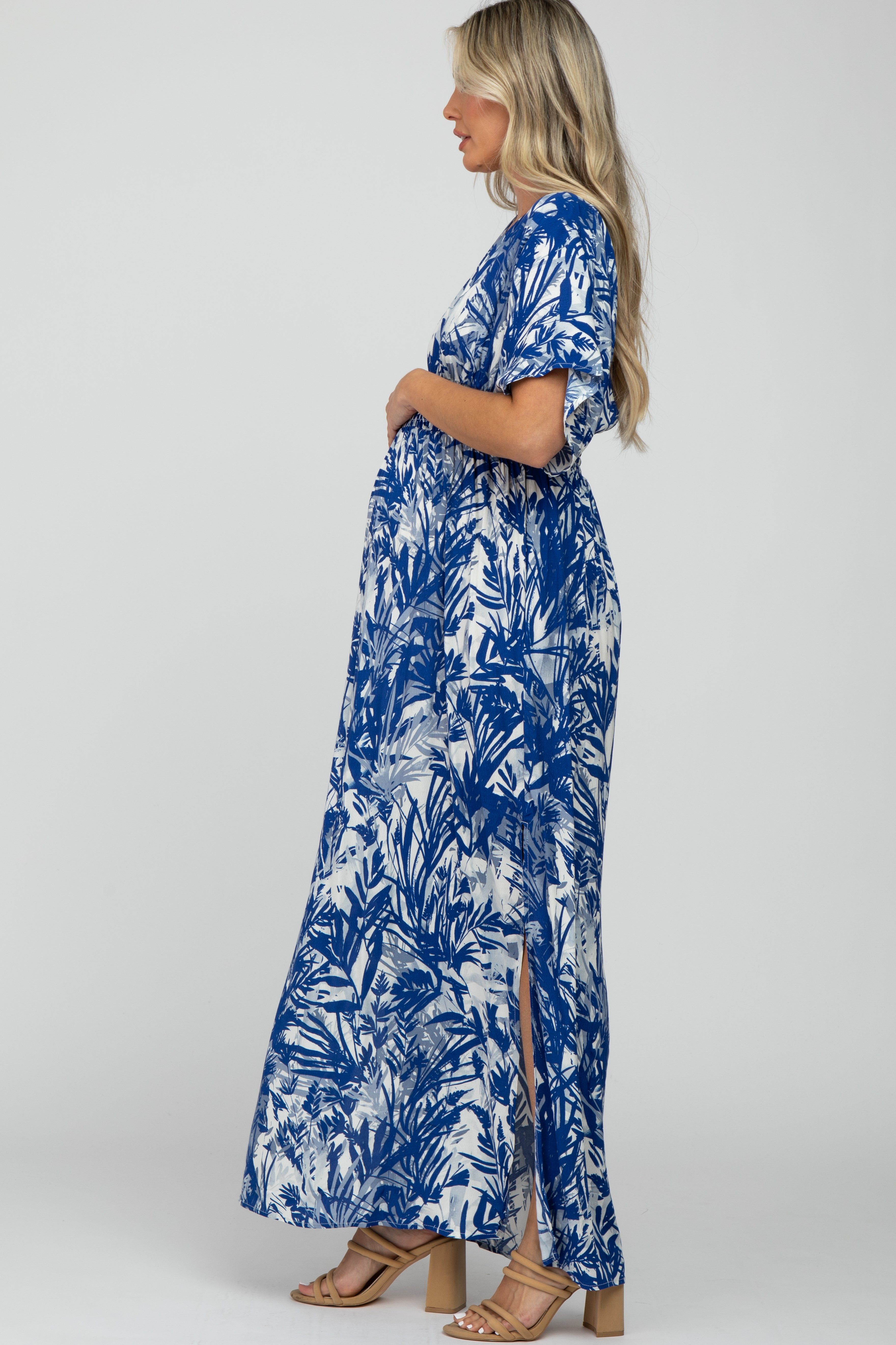 Navy Blue Leaf Print V-Neck Maternity Maxi Dress sold by Pinkblush product image thumbnail 2