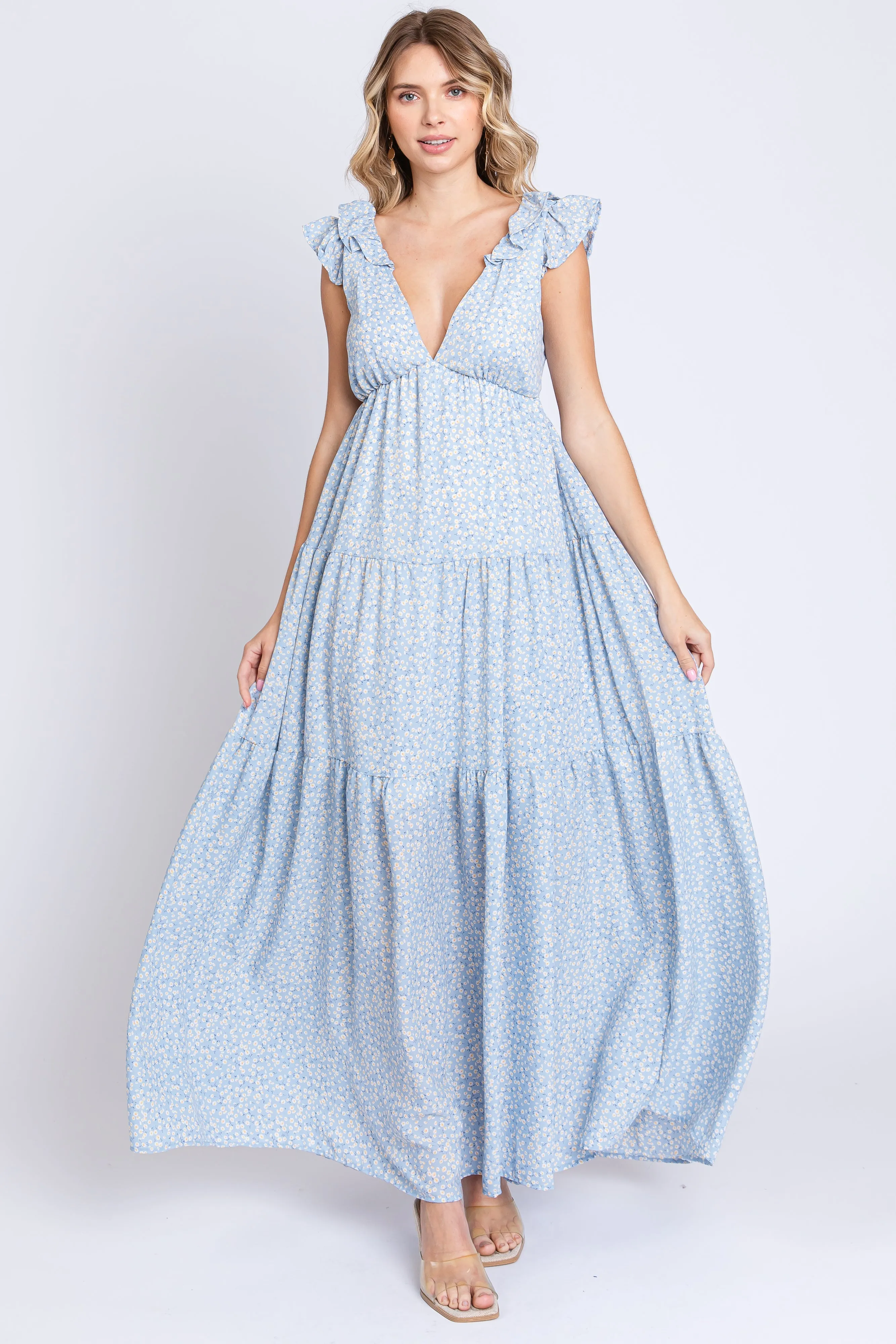 Light Blue Floral Deep V-Neck Tiered Maxi Dress sold by Pinkblush