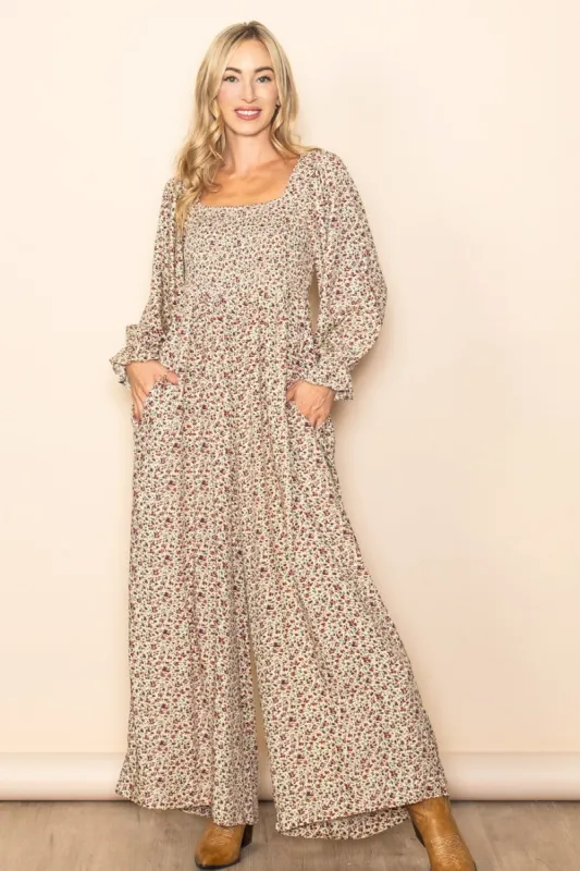 Beige Floral Smocked Wide Leg Jumpsuit sold by Pinkblush