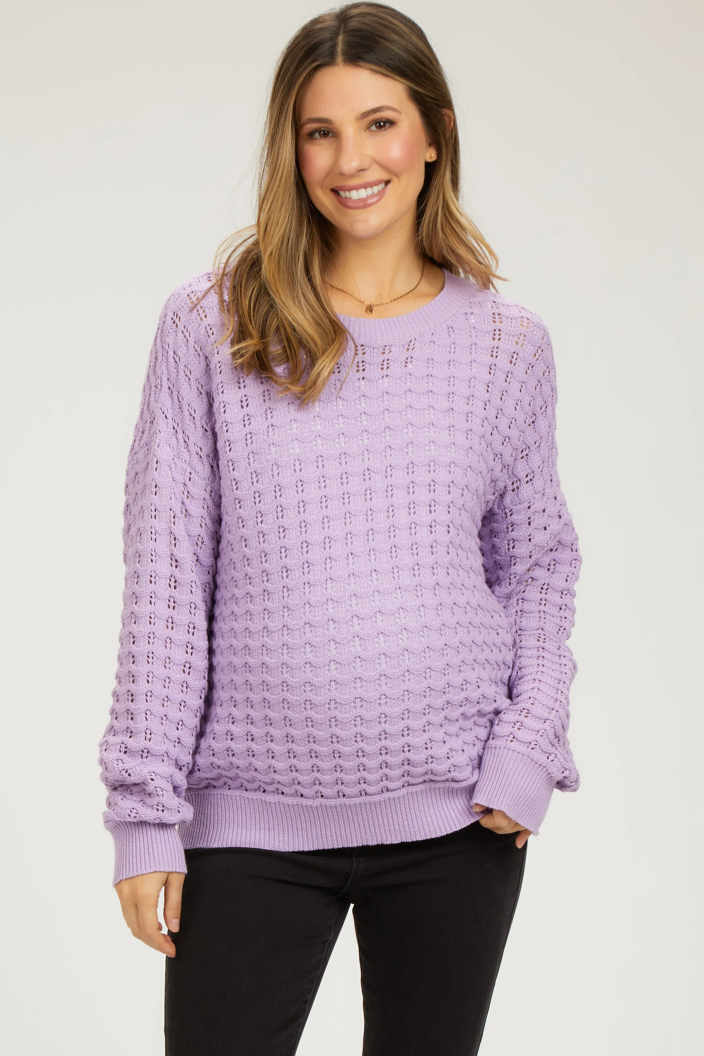 Lavender Open Knit Maternity Long Sleeve Top sold by Pinkblush