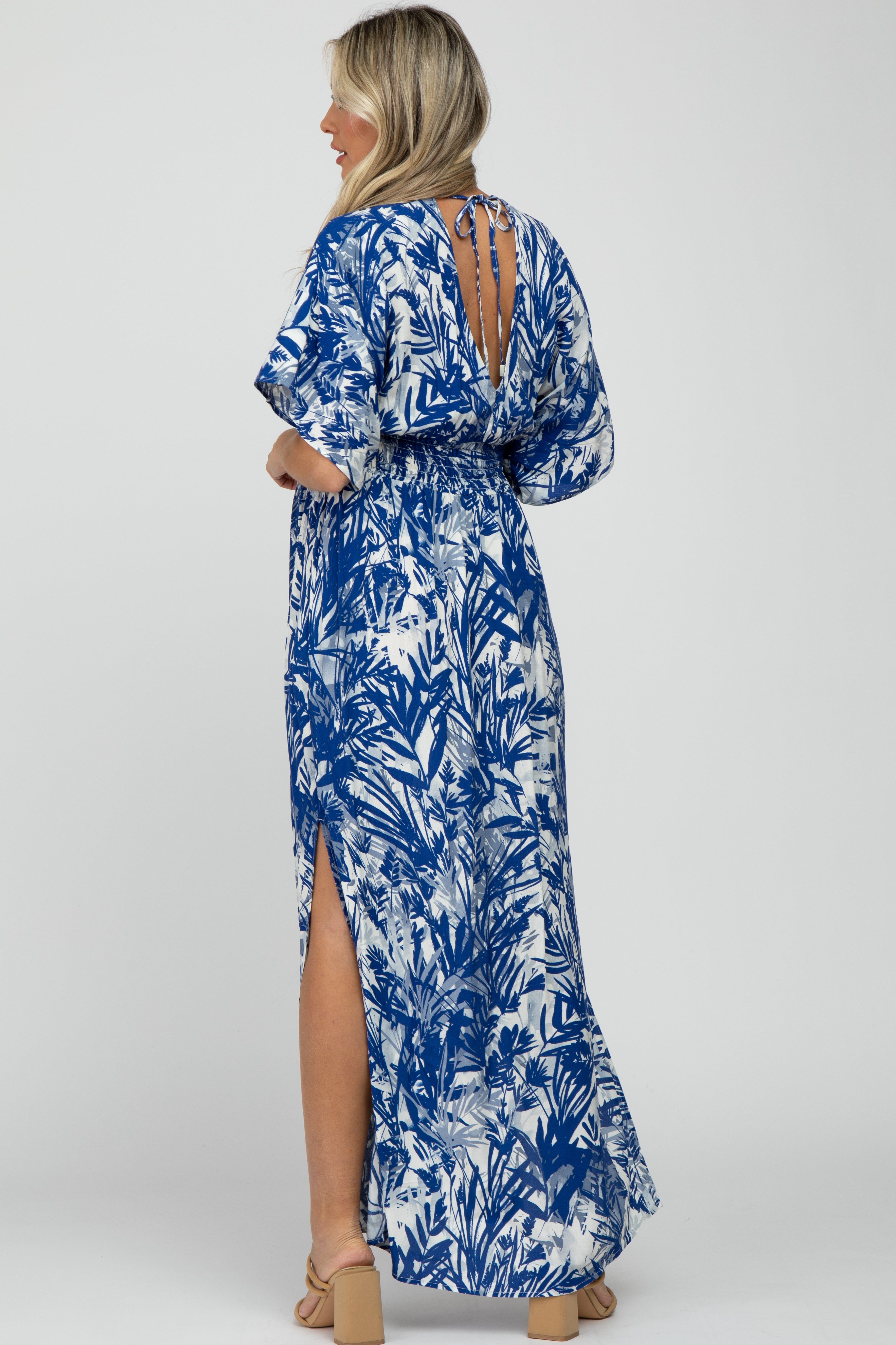 Navy Blue Leaf Print V-Neck Maternity Maxi Dress sold by Pinkblush product image thumbnail 3