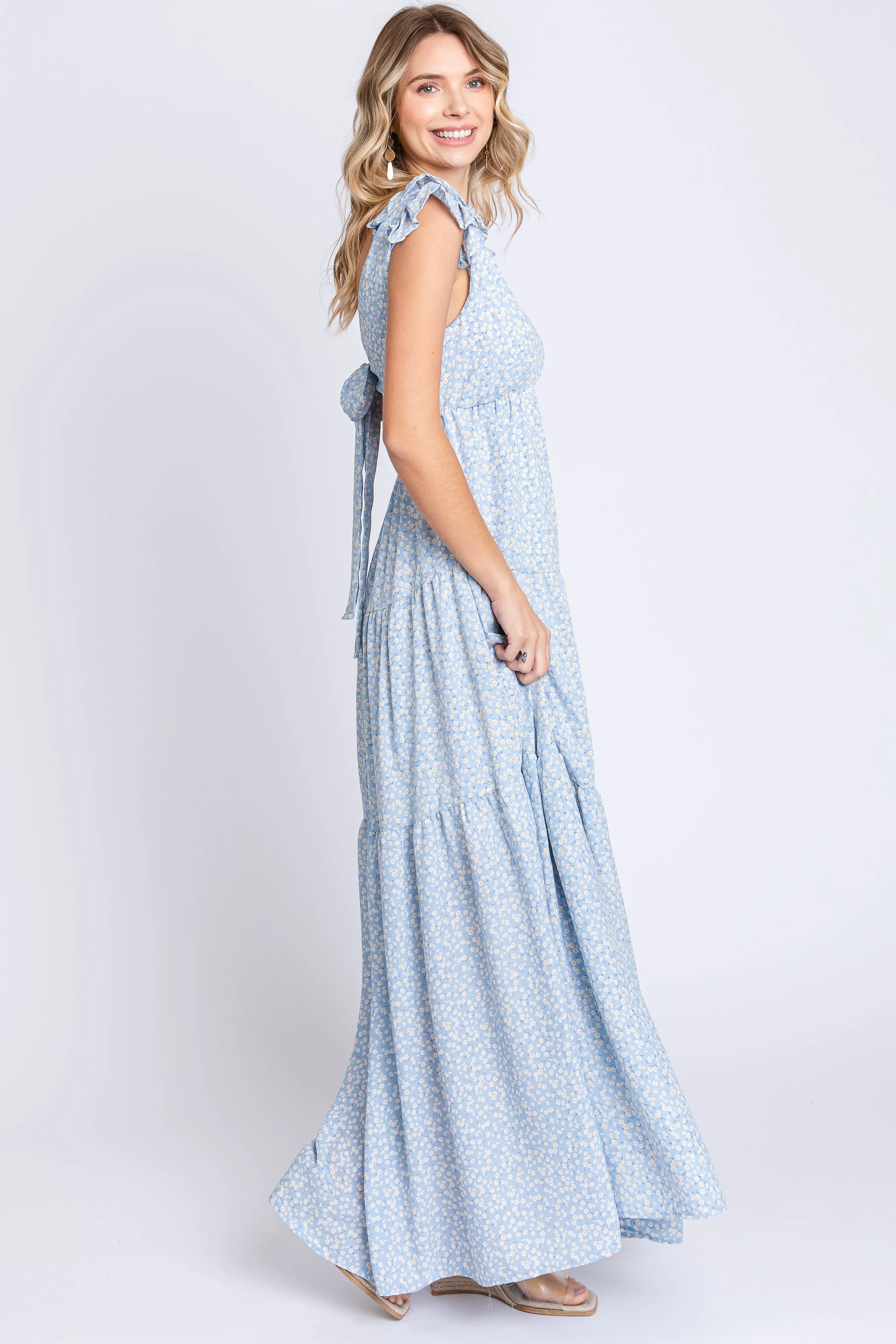 Light Blue Floral Deep V-Neck Tiered Maxi Dress sold by Pinkblush product image thumbnail 2