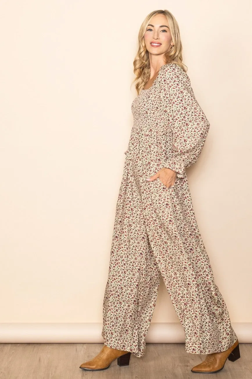 Beige Floral Smocked Wide Leg Jumpsuit sold by Pinkblush product image thumbnail 2