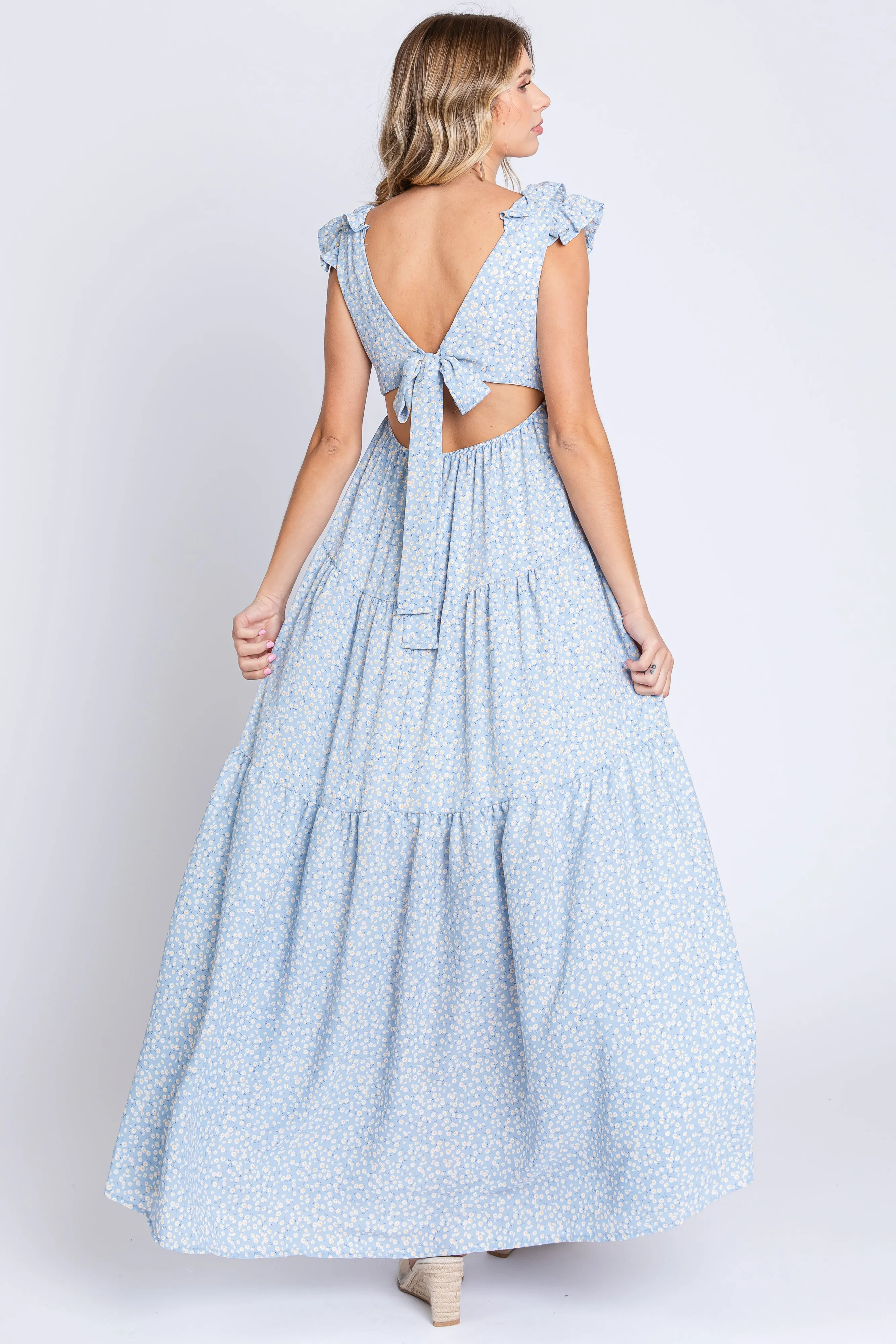 Light Blue Floral Deep V-Neck Tiered Maxi Dress sold by Pinkblush product image thumbnail 3