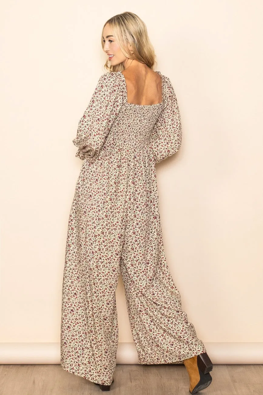 Beige Floral Smocked Wide Leg Jumpsuit sold by Pinkblush product image thumbnail 3