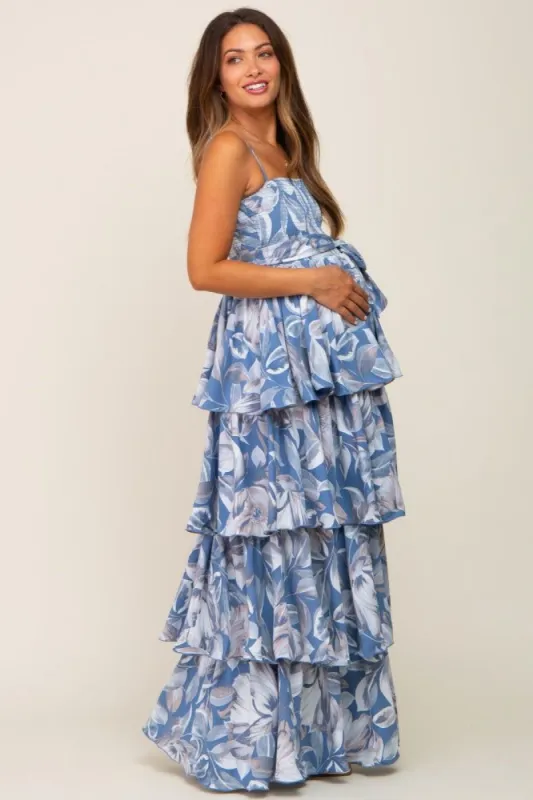 Blue Floral Ruffle Tiered Smocked Maternity Maxi Dress sold by Pinkblush