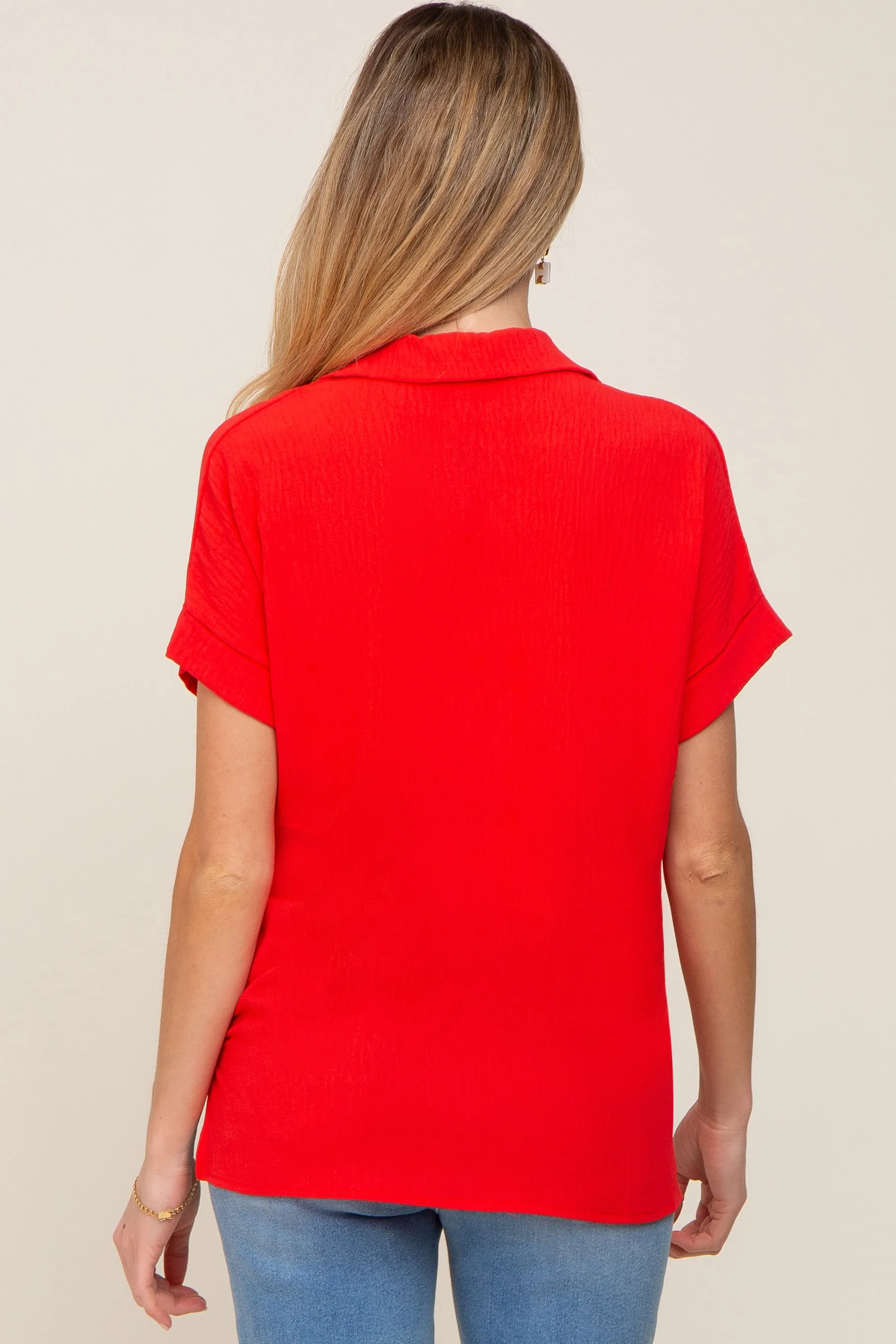 Red Collared Button-Down Short Sleeve Maternity Blouse sold by Pinkblush product image thumbnail 3