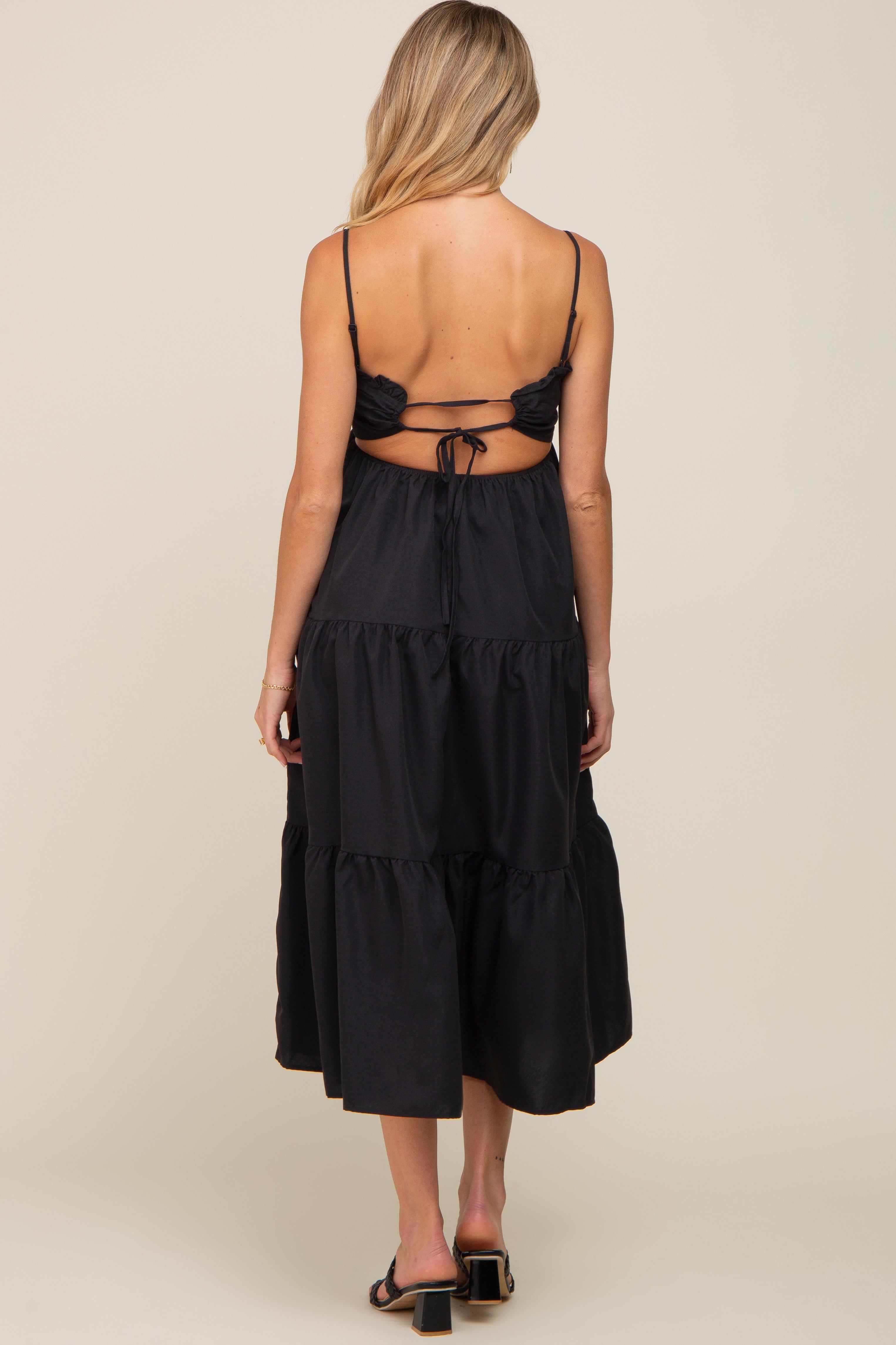 Black Smocked Open Back Tiered Maternity Midi Dress sold by Pinkblush product image thumbnail 4