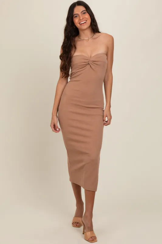 Taupe Strapless Twist Dress sold by Pinkblush