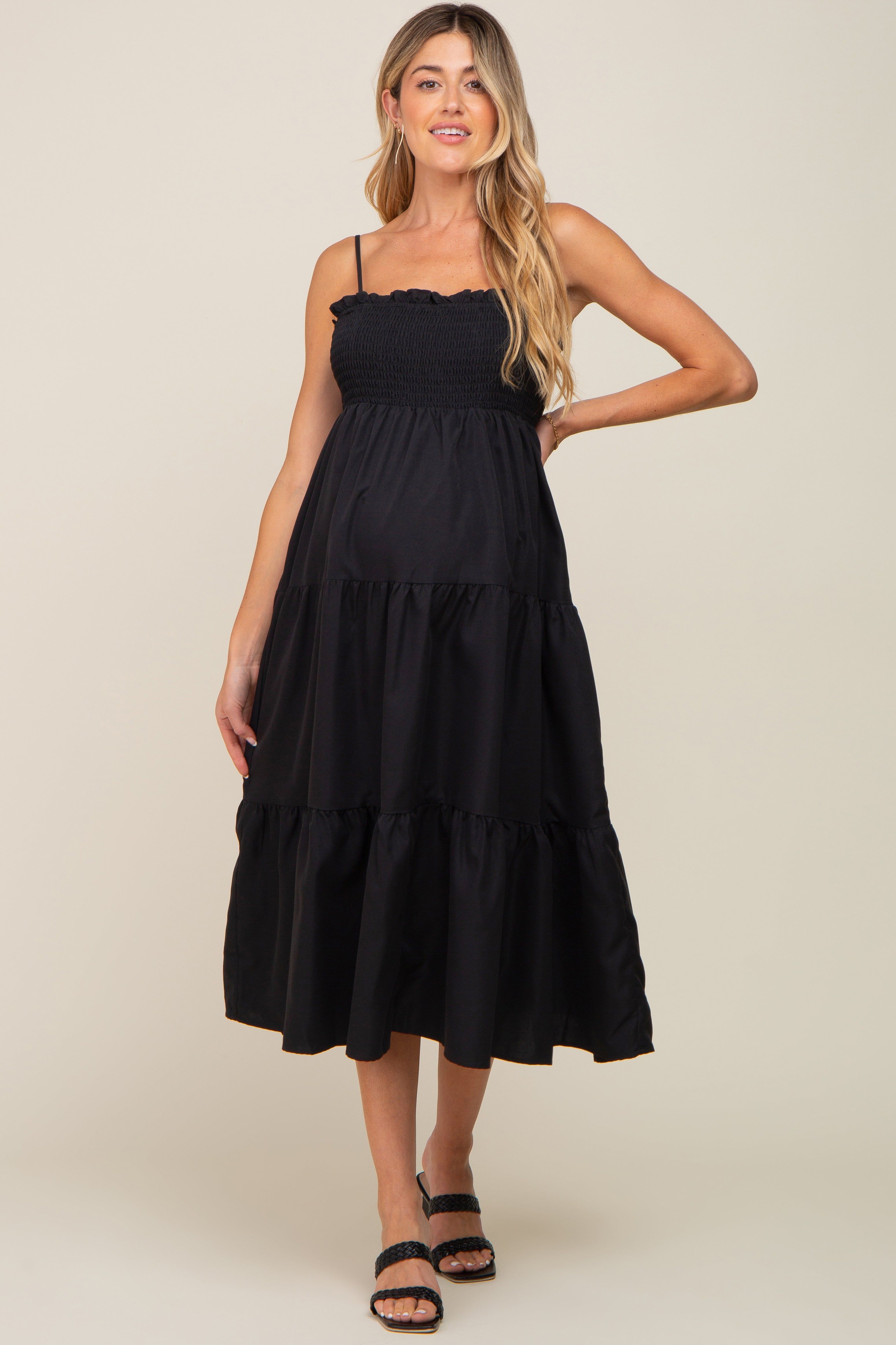 Black Smocked Open Back Tiered Maternity Midi Dress sold by Pinkblush