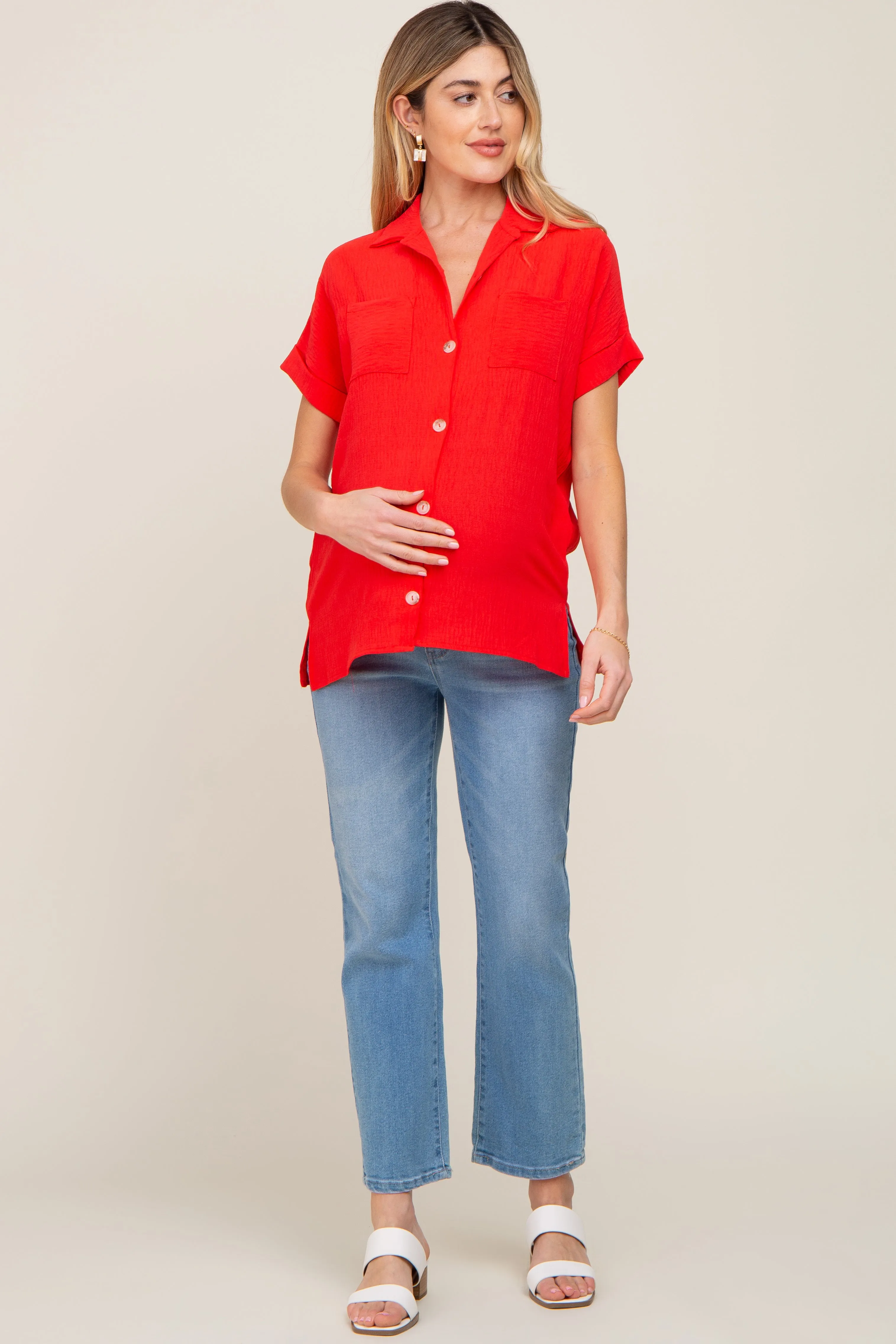 Red Collared Button-Down Short Sleeve Maternity Blouse sold by Pinkblush product image thumbnail 4