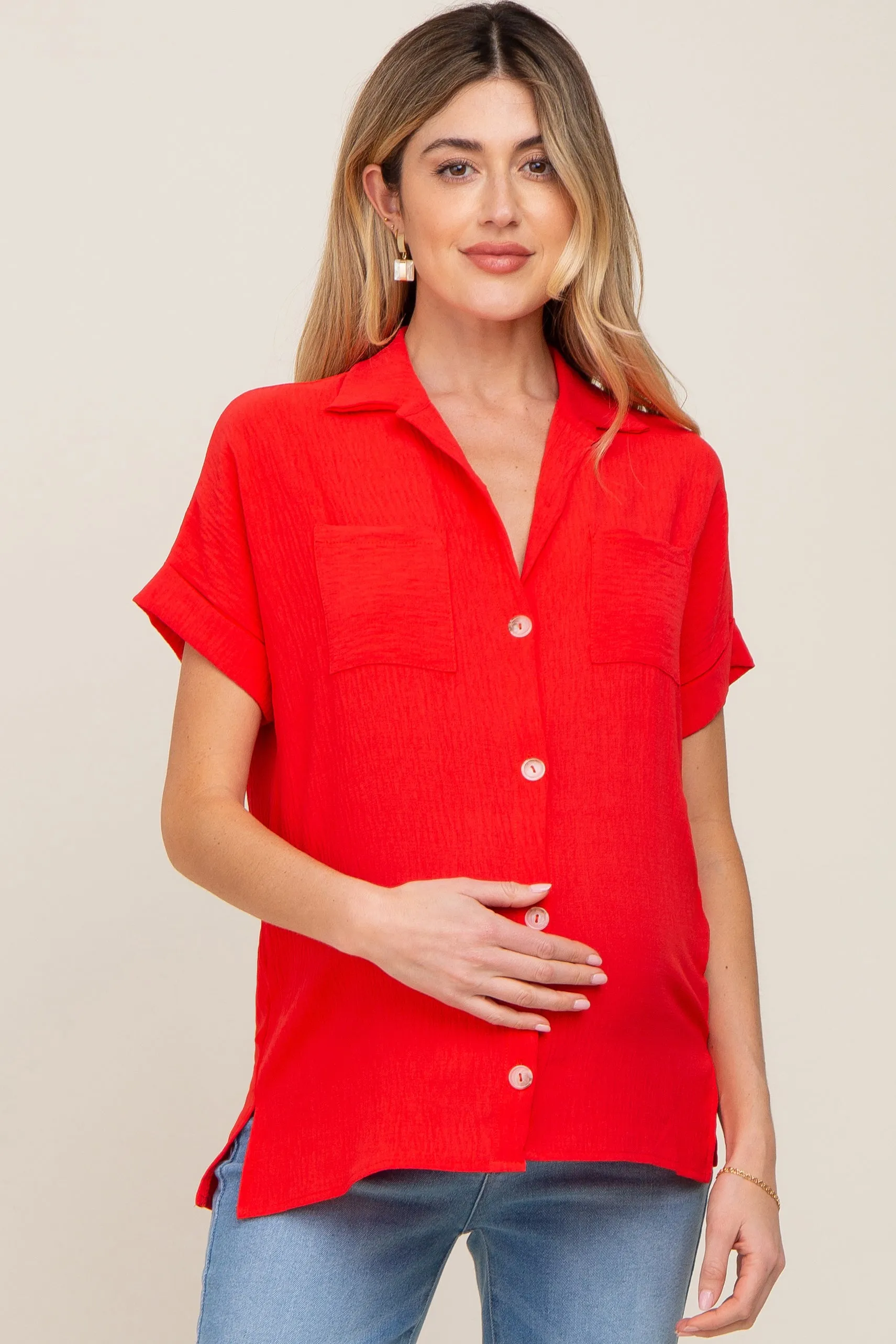 Red Collared Button-Down Short Sleeve Maternity Blouse sold by Pinkblush