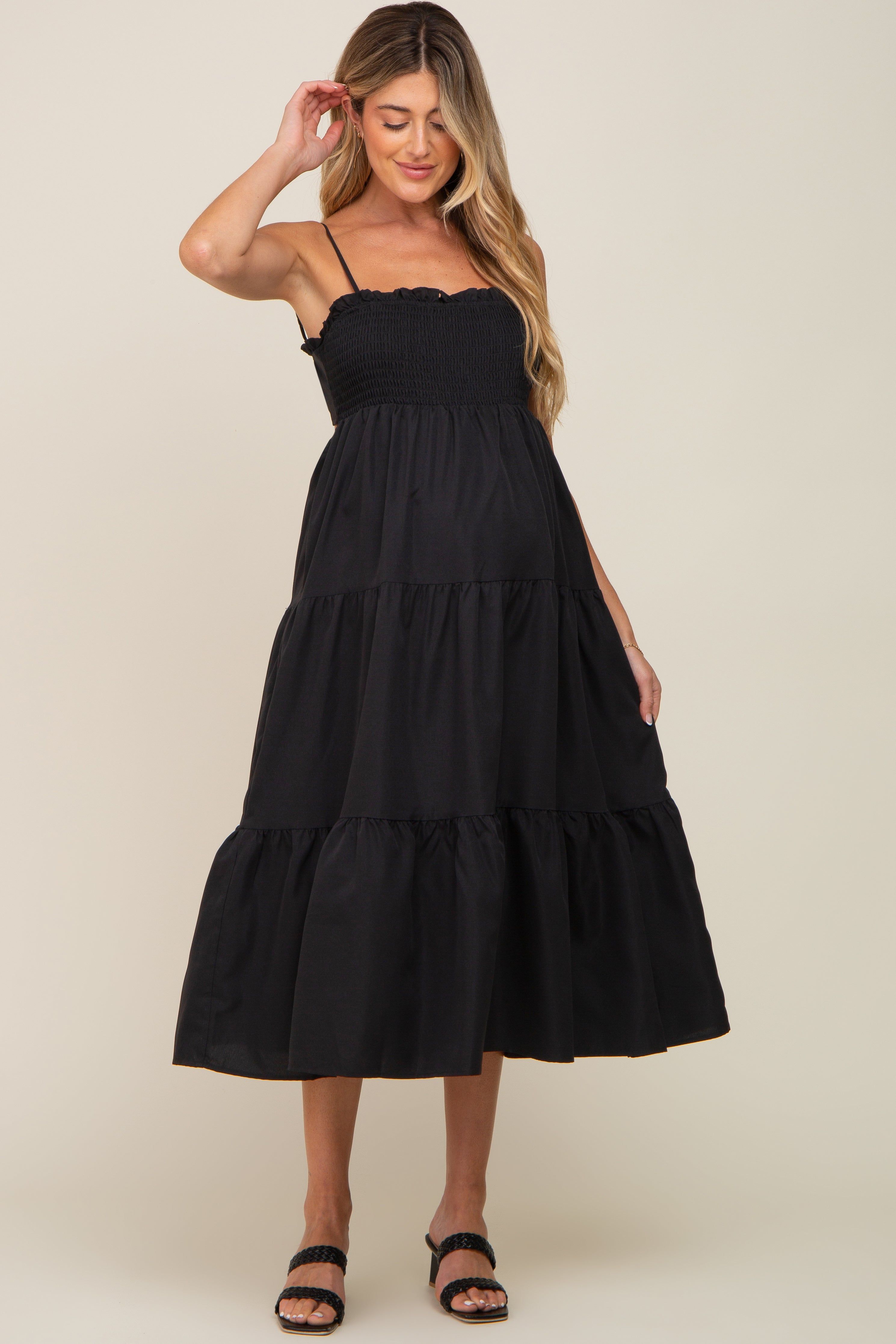 Black Smocked Open Back Tiered Maternity Midi Dress sold by Pinkblush product image thumbnail 5