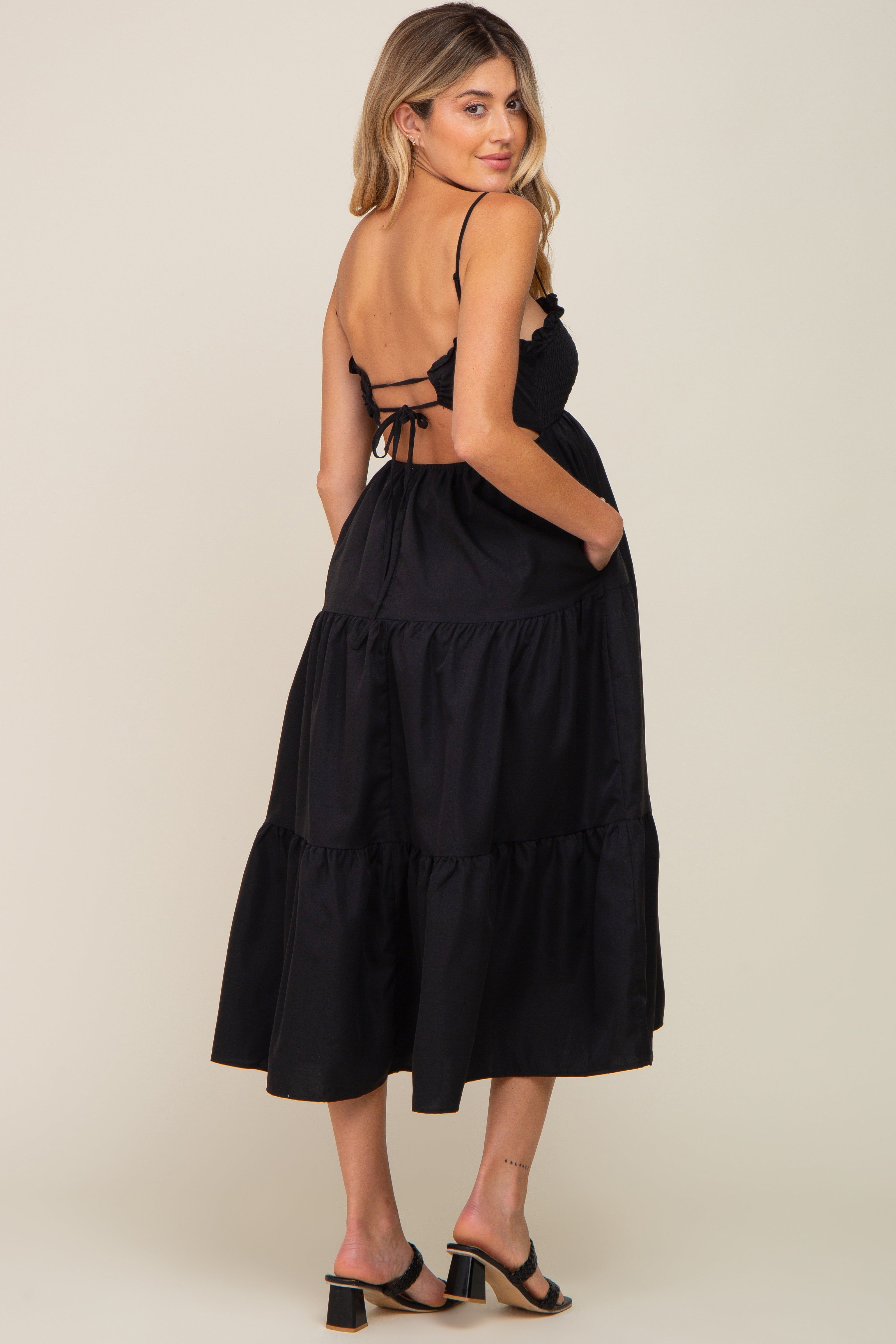 Black Smocked Open Back Tiered Maternity Midi Dress sold by Pinkblush product image thumbnail 2