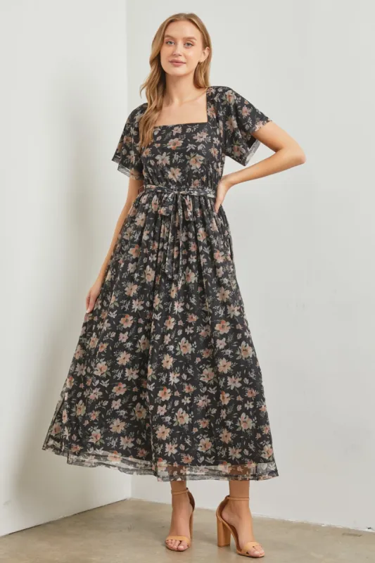 Black Floral Waist Tie Midi Dress sold by Pinkblush