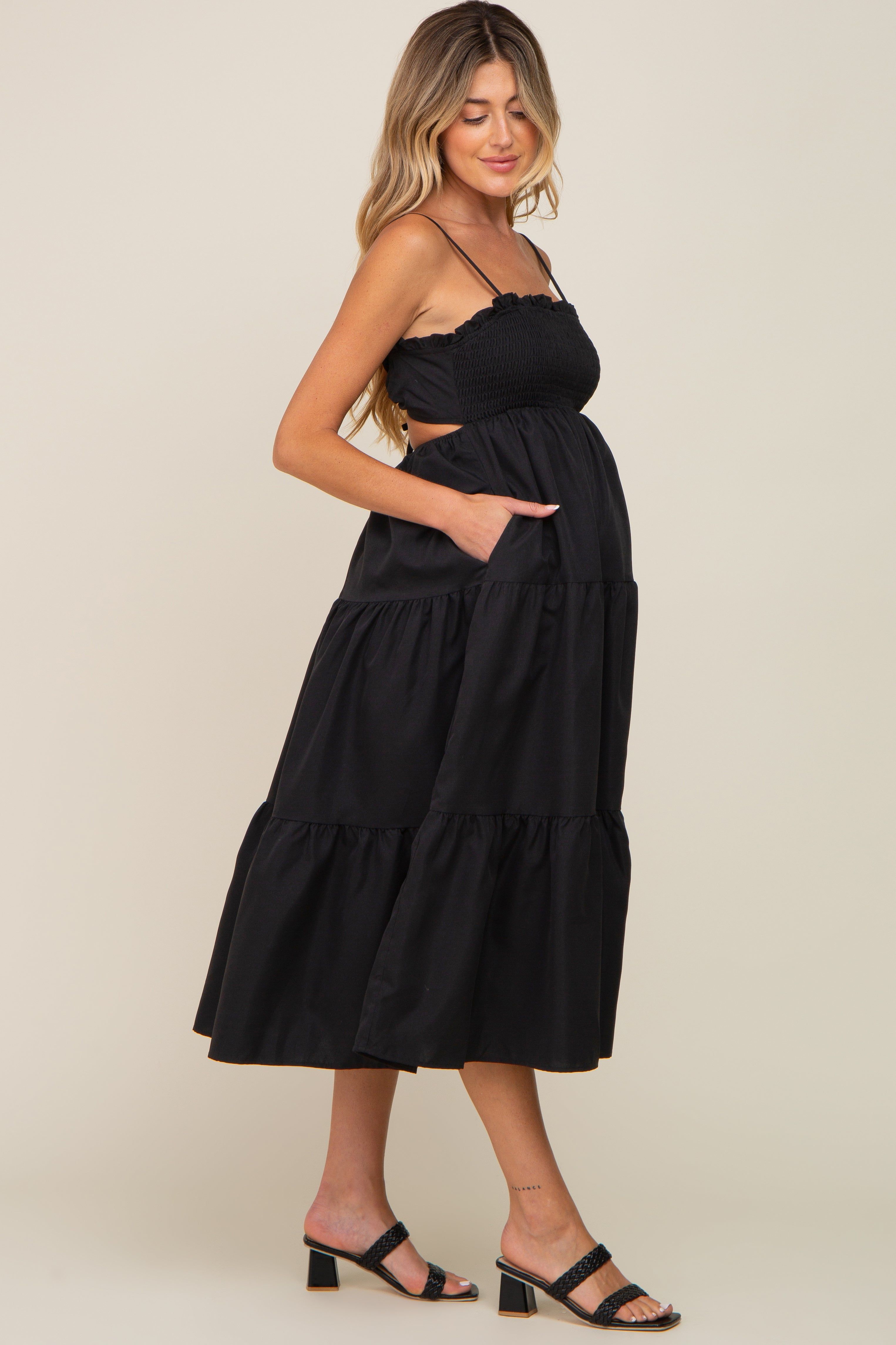 Black Smocked Open Back Tiered Maternity Midi Dress sold by Pinkblush product image thumbnail 3