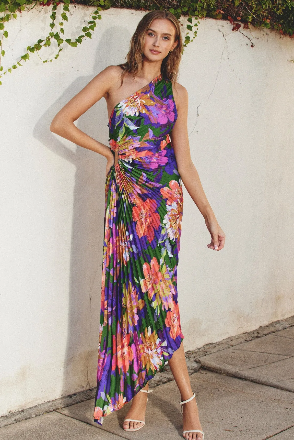 Multi Color Floral One Shoulder Midi Dress sold by Pinkblush