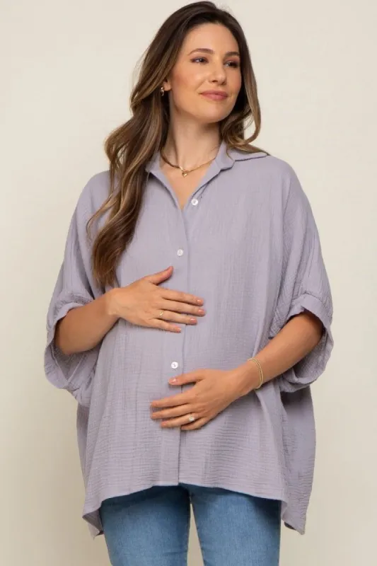 Grey Gauze Double Layered Maternity Button Up Top sold by Pinkblush