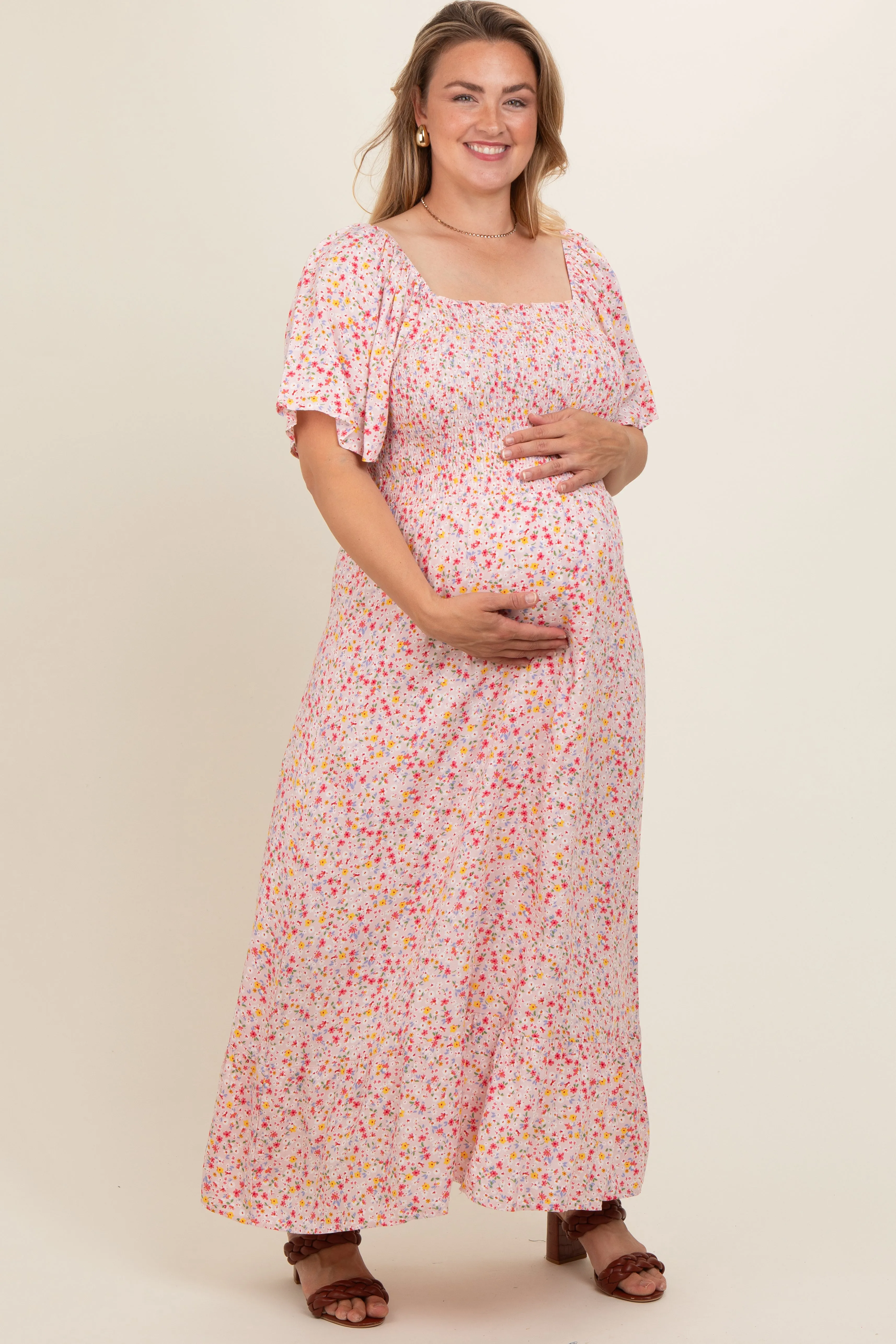 Light Pink Floral Smocked Plus Maternity Maxi Dress sold by Pinkblush product image thumbnail 2