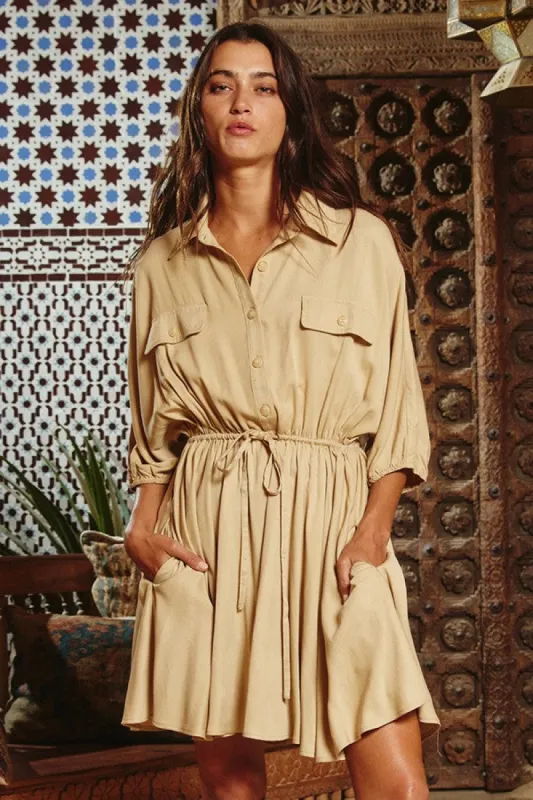 Khaki Solid Flare Mini Dress sold by Pinkblush