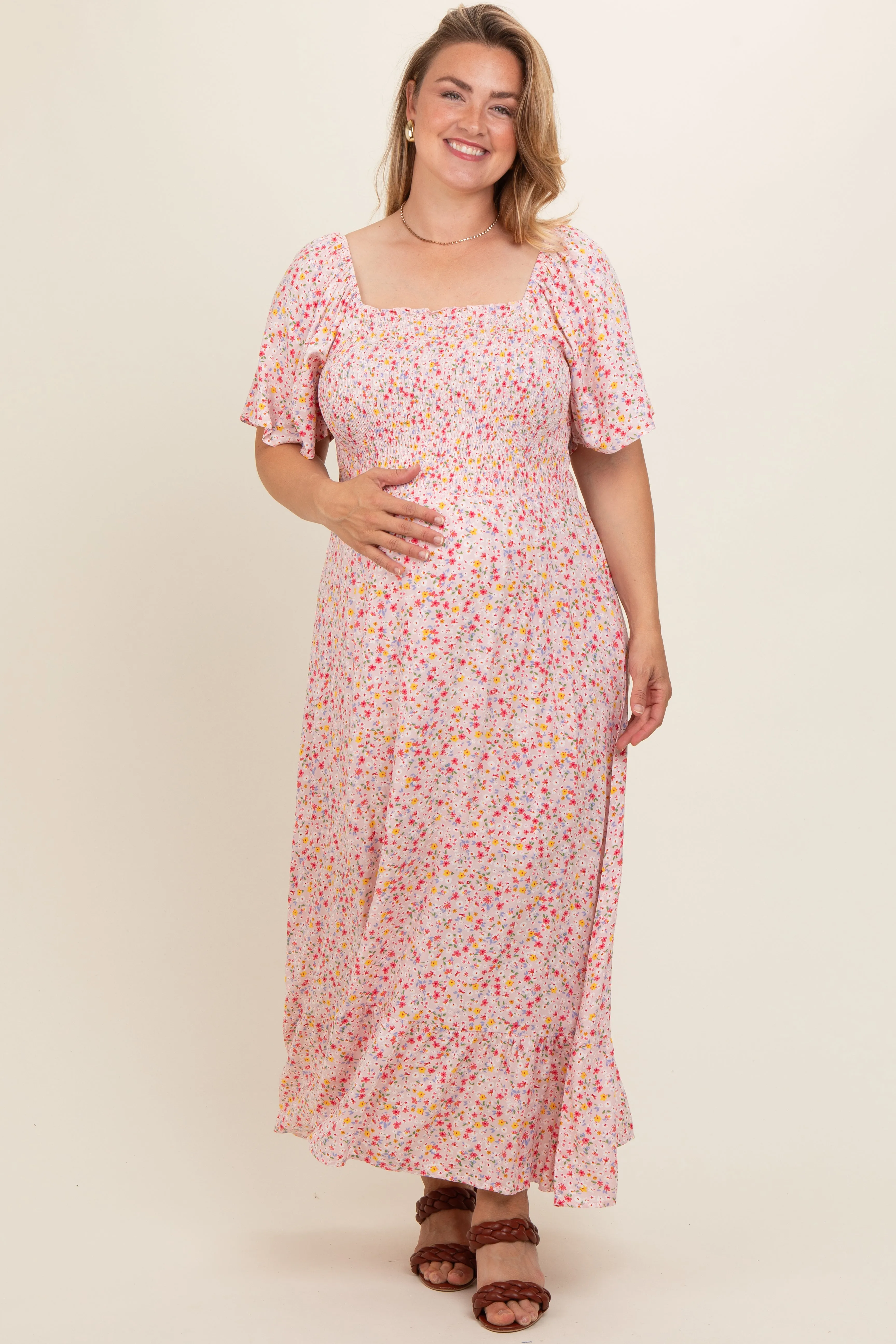 Light Pink Floral Smocked Plus Maternity Maxi Dress sold by Pinkblush product image thumbnail 3