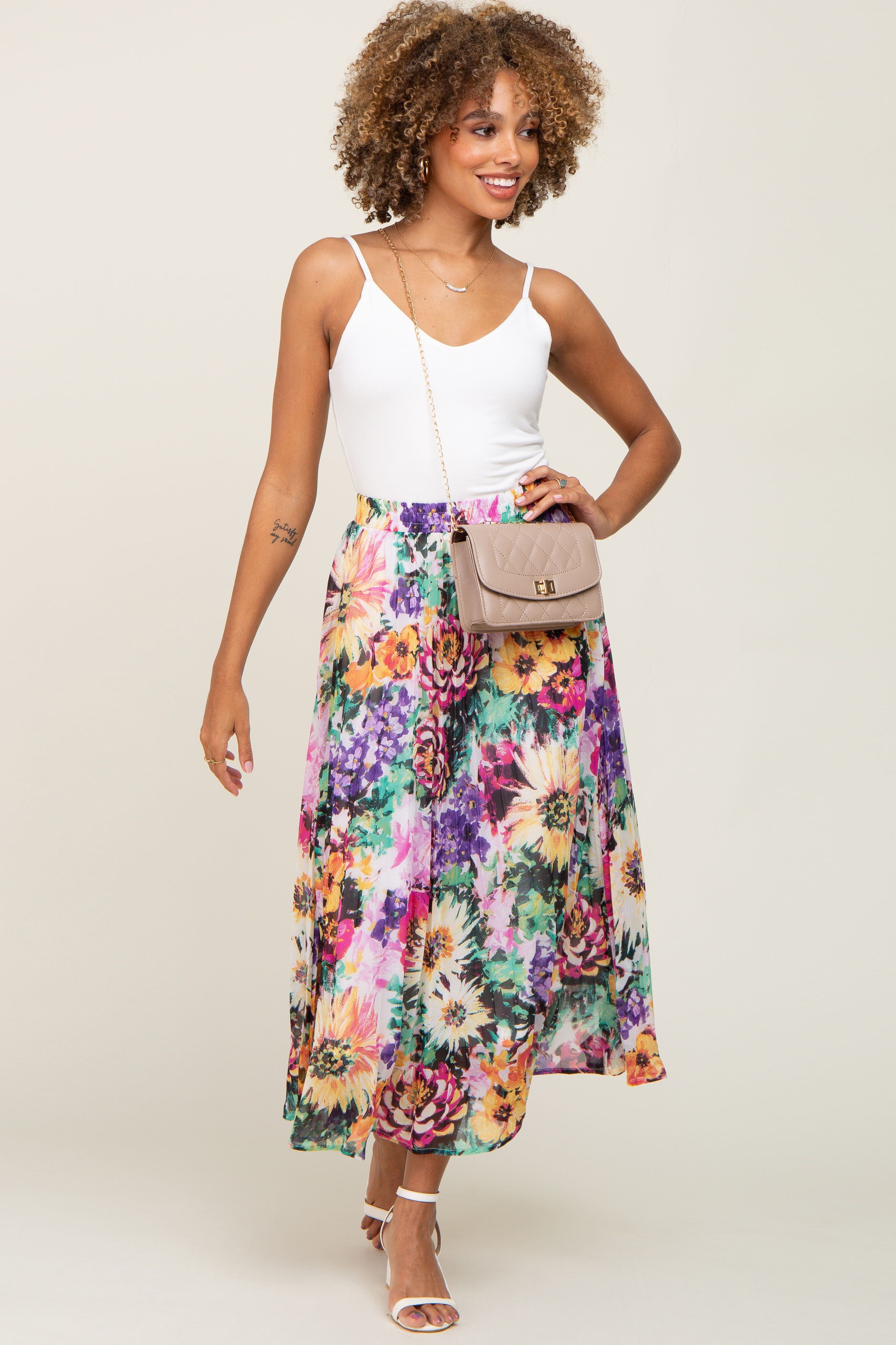 Fuchsia Floral Pleated Midi Skirt sold by Pinkblush