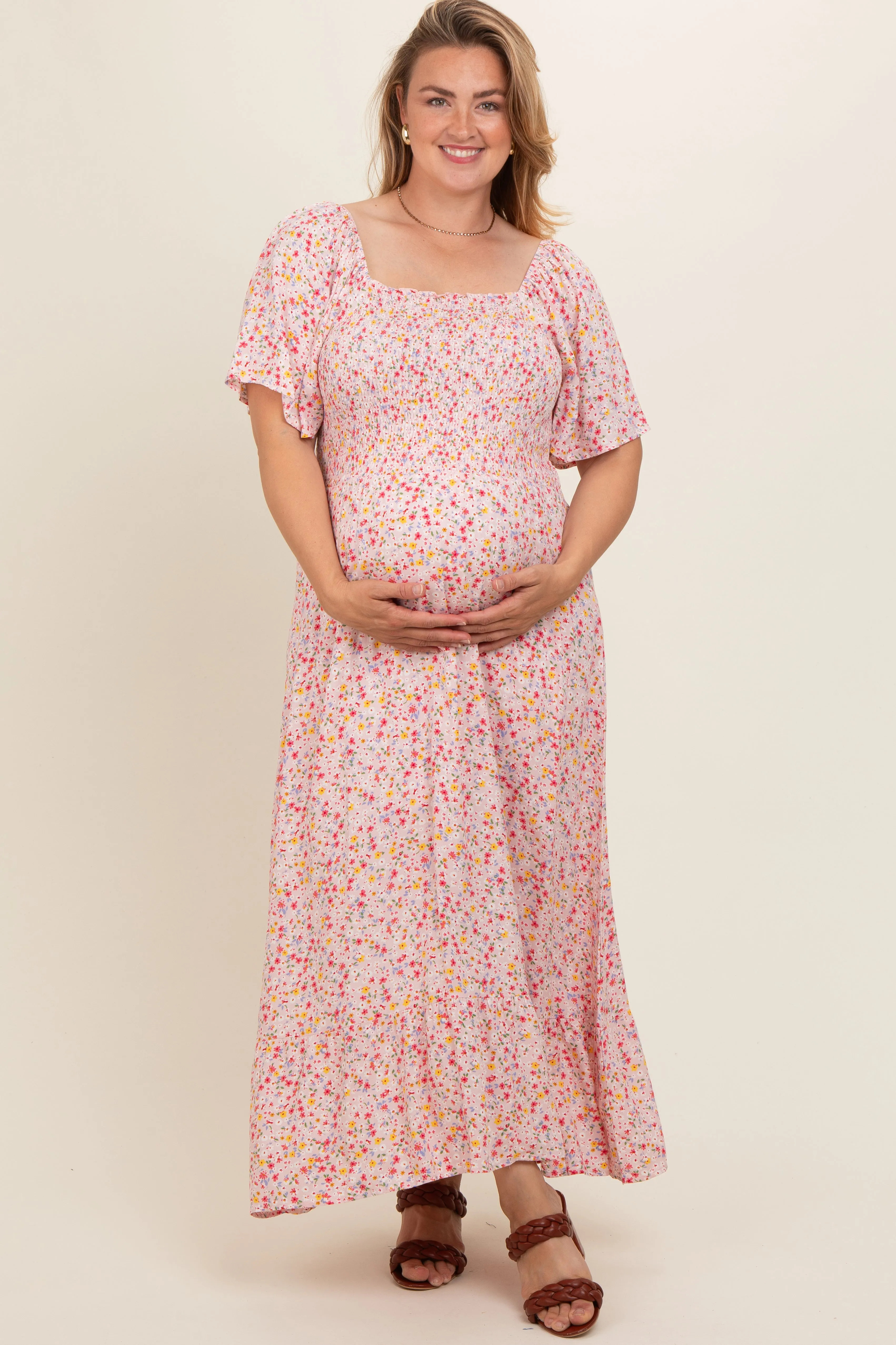 Light Pink Floral Smocked Plus Maternity Maxi Dress sold by Pinkblush