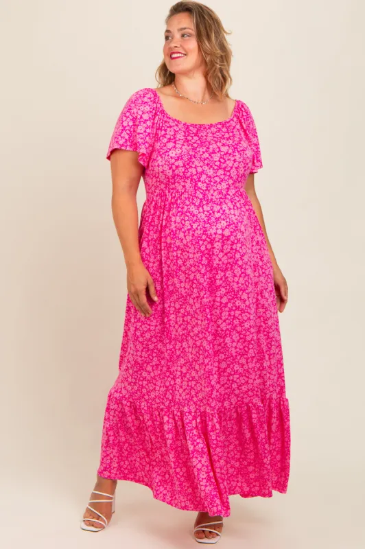 Fuchsia Floral Soft Maternity Plus Maxi Dress sold by Pinkblush