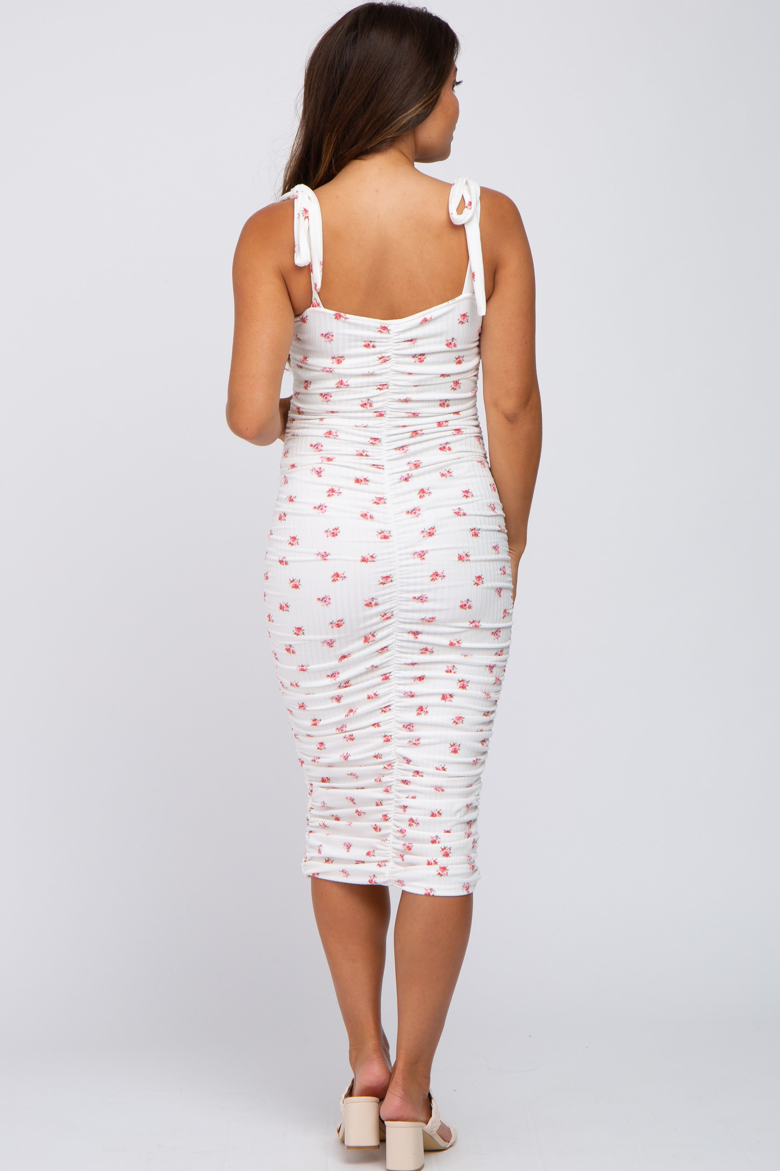 Ivory Floral Sleeveless Ruched Maternity Midi Dress sold by Pinkblush product image thumbnail 3