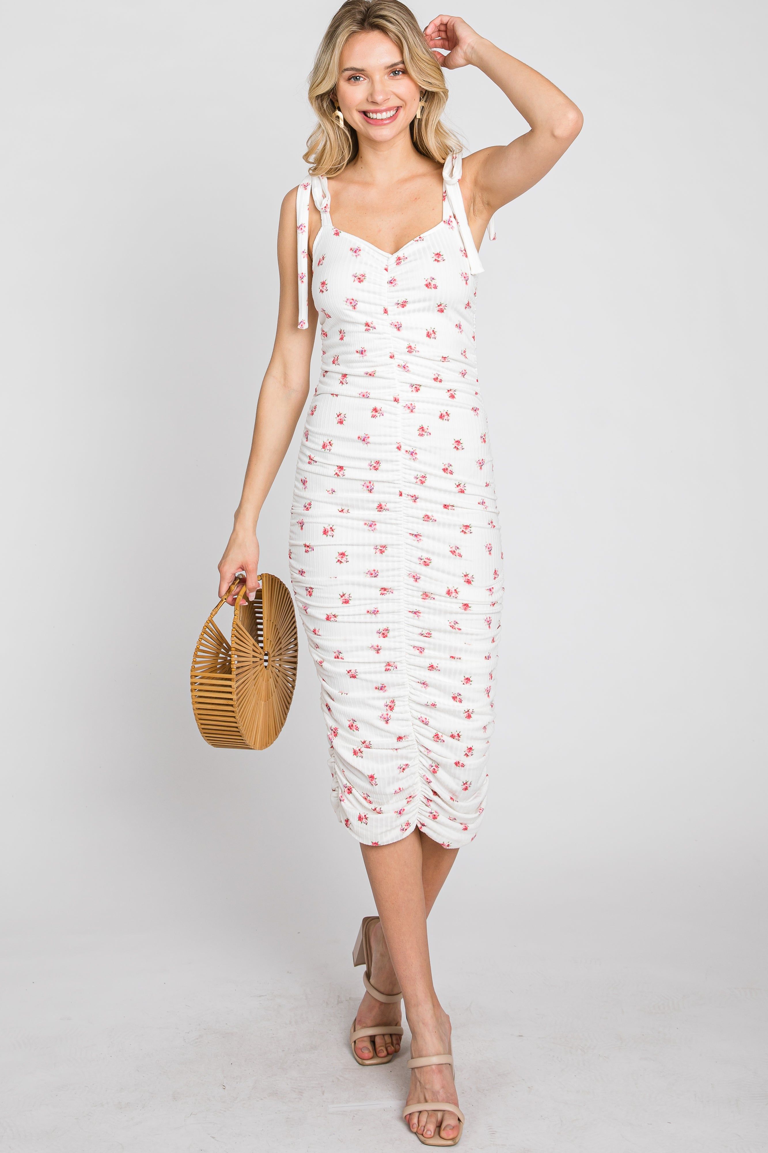 Ivory Floral Sleeveless Ruched Maternity Midi Dress sold by Pinkblush product image thumbnail 4
