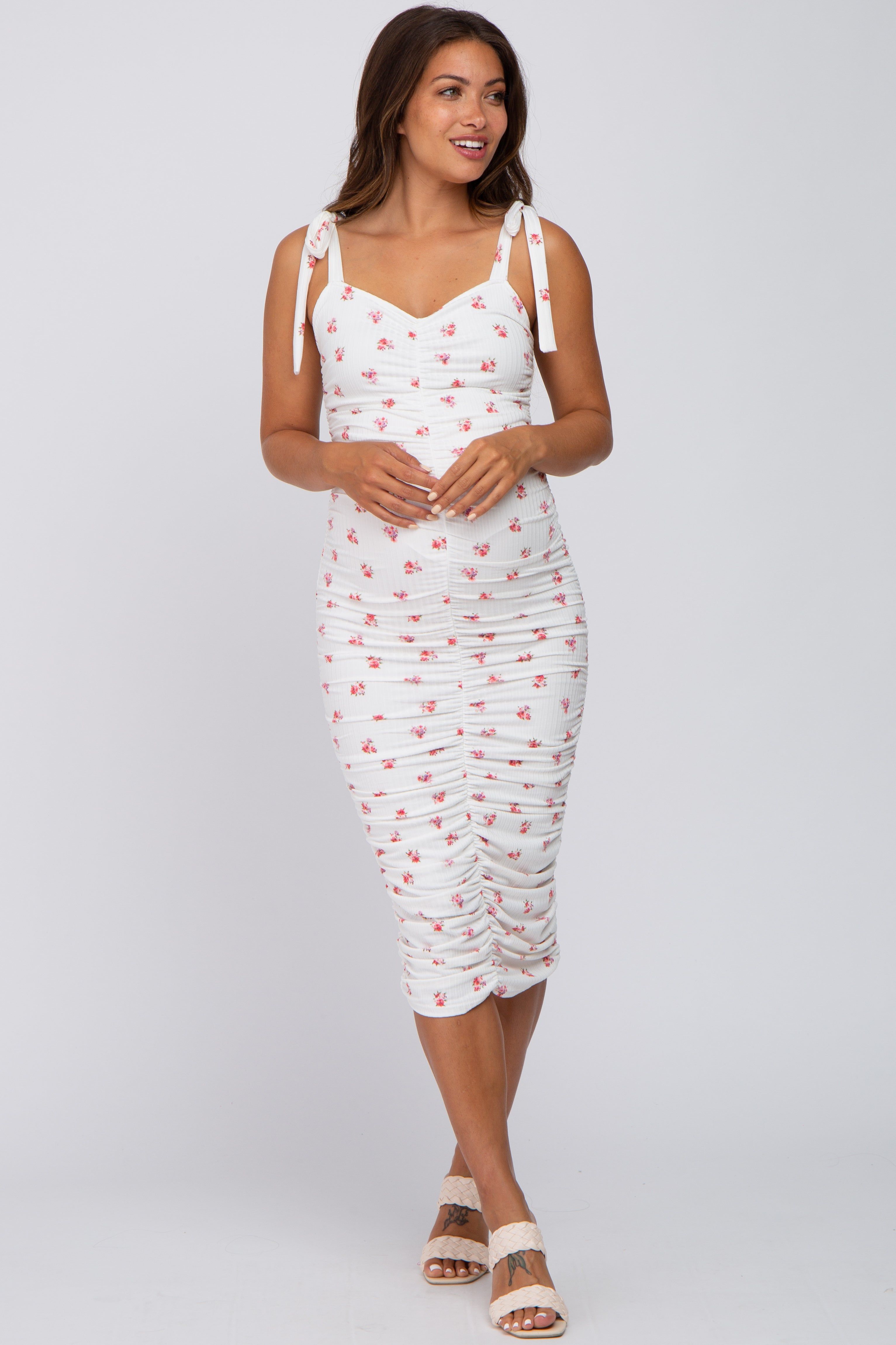 Ivory Floral Sleeveless Ruched Maternity Midi Dress sold by Pinkblush