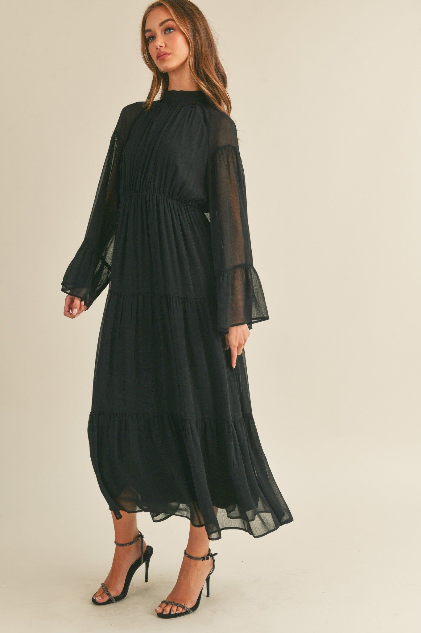 Black Mock Neck Tiered Midi Dress sold by Pinkblush
