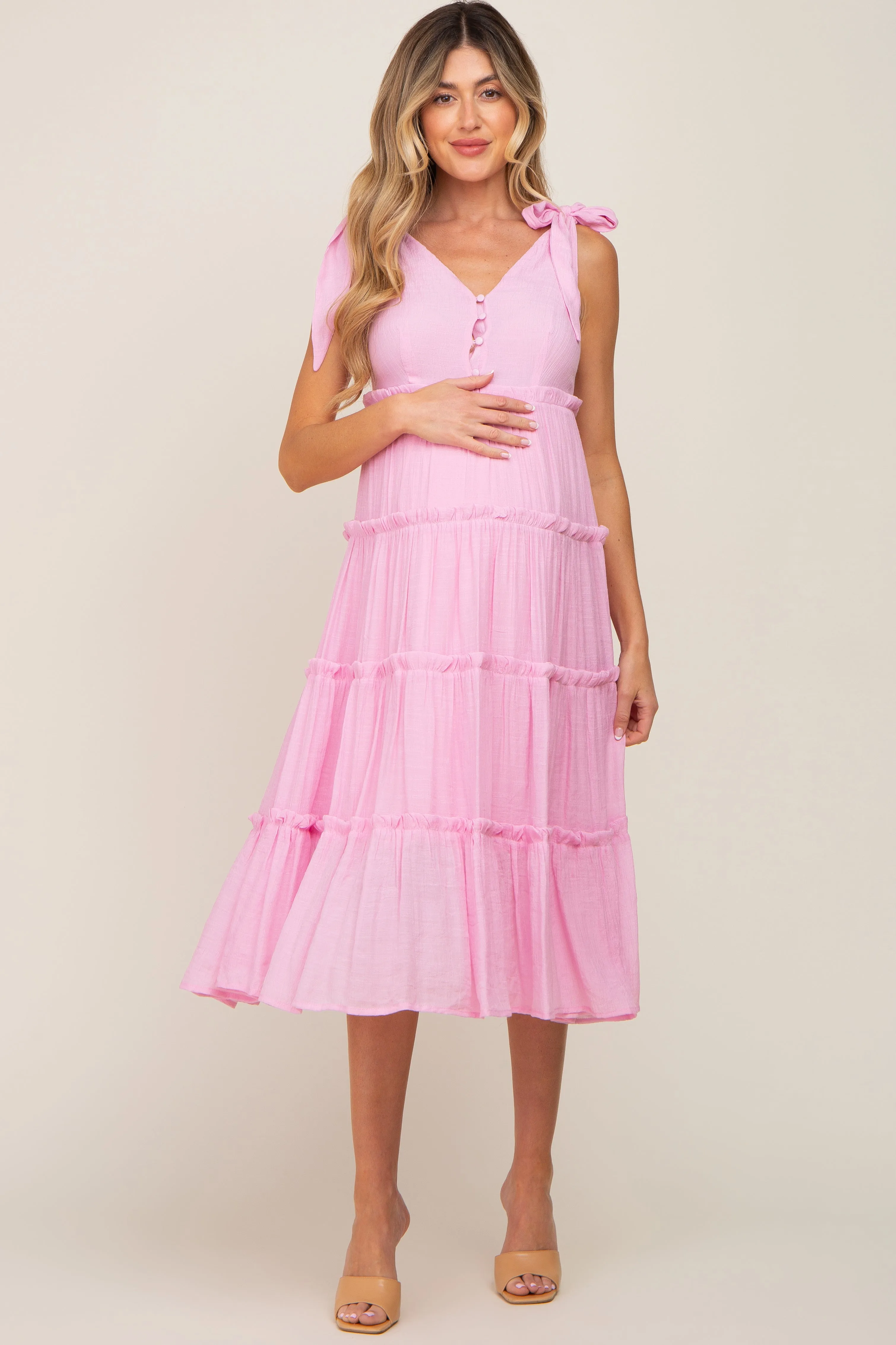 Pink Linen Button Front Shoulder Tie Tiered Maternity Midi Dress sold by Pinkblush product image thumbnail 3